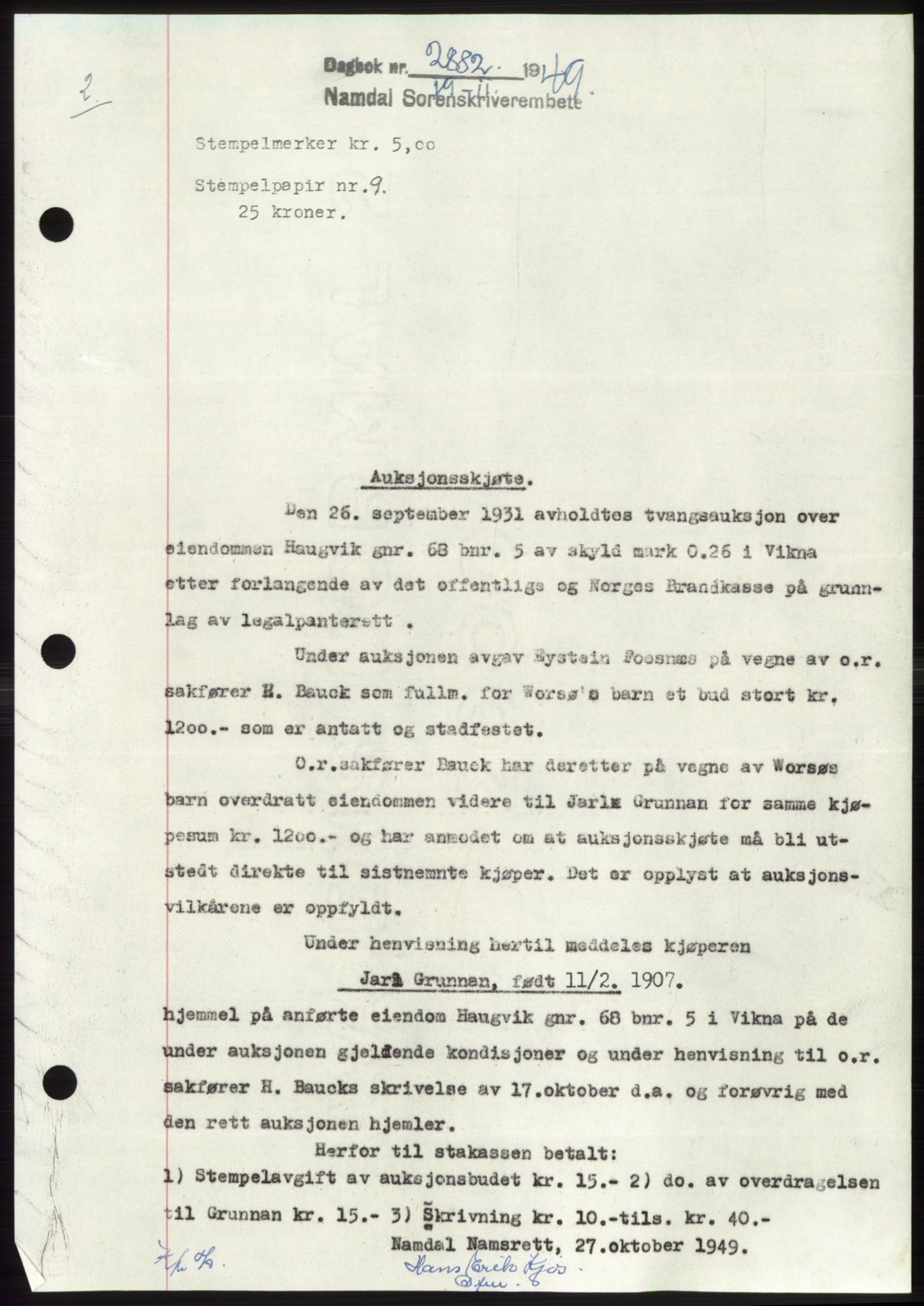 Namdal sorenskriveri, SAT/A-4133/1/2/2C: Pantebok nr. -, 1949-1949, Dagboknr: 2882/1949