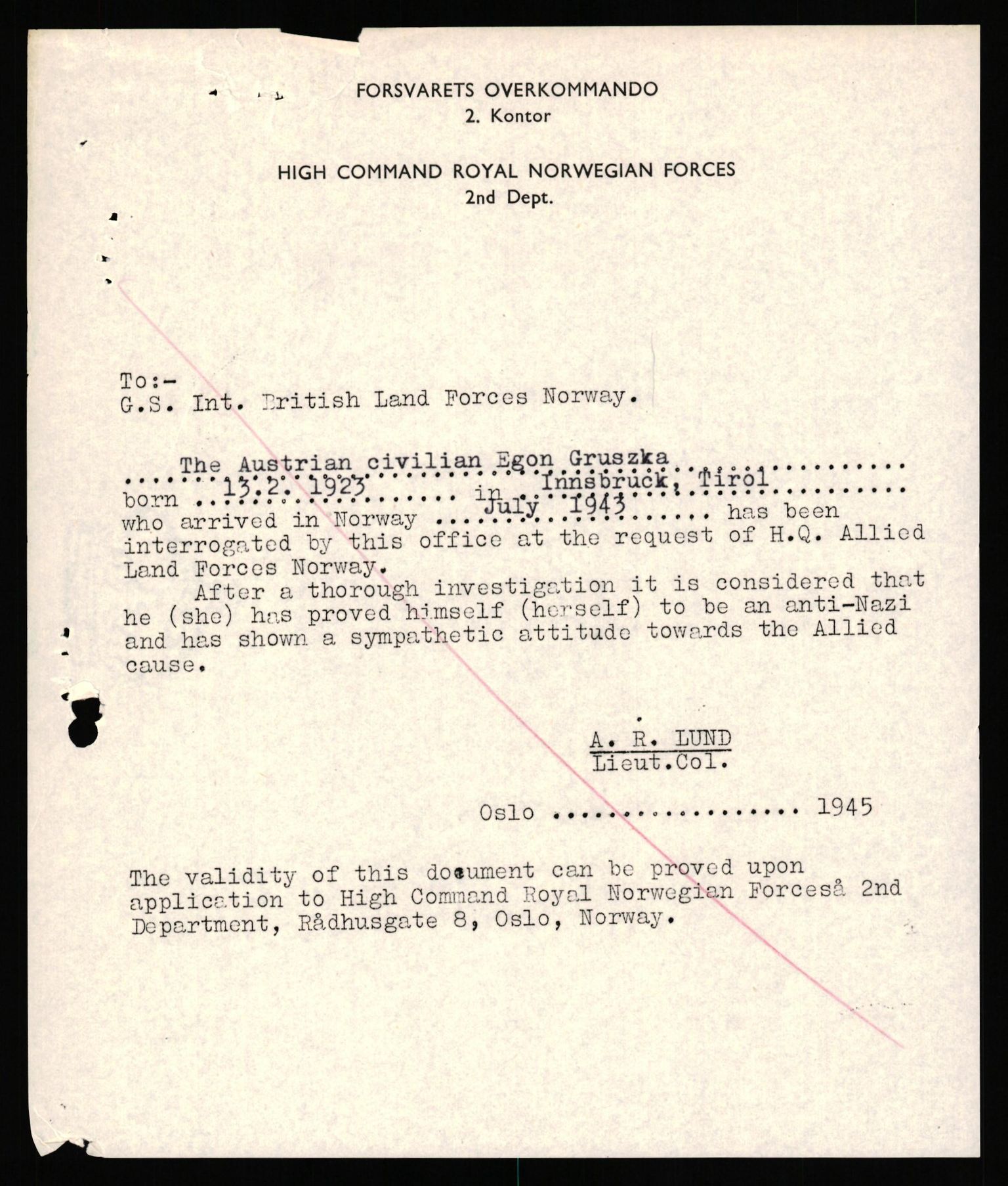 Forsvaret, Forsvarets overkommando II, AV/RA-RAFA-3915/D/Db/L0038: CI Questionaires. Tyske okkupasjonsstyrker i Norge. Østerrikere., 1945-1946, s. 374