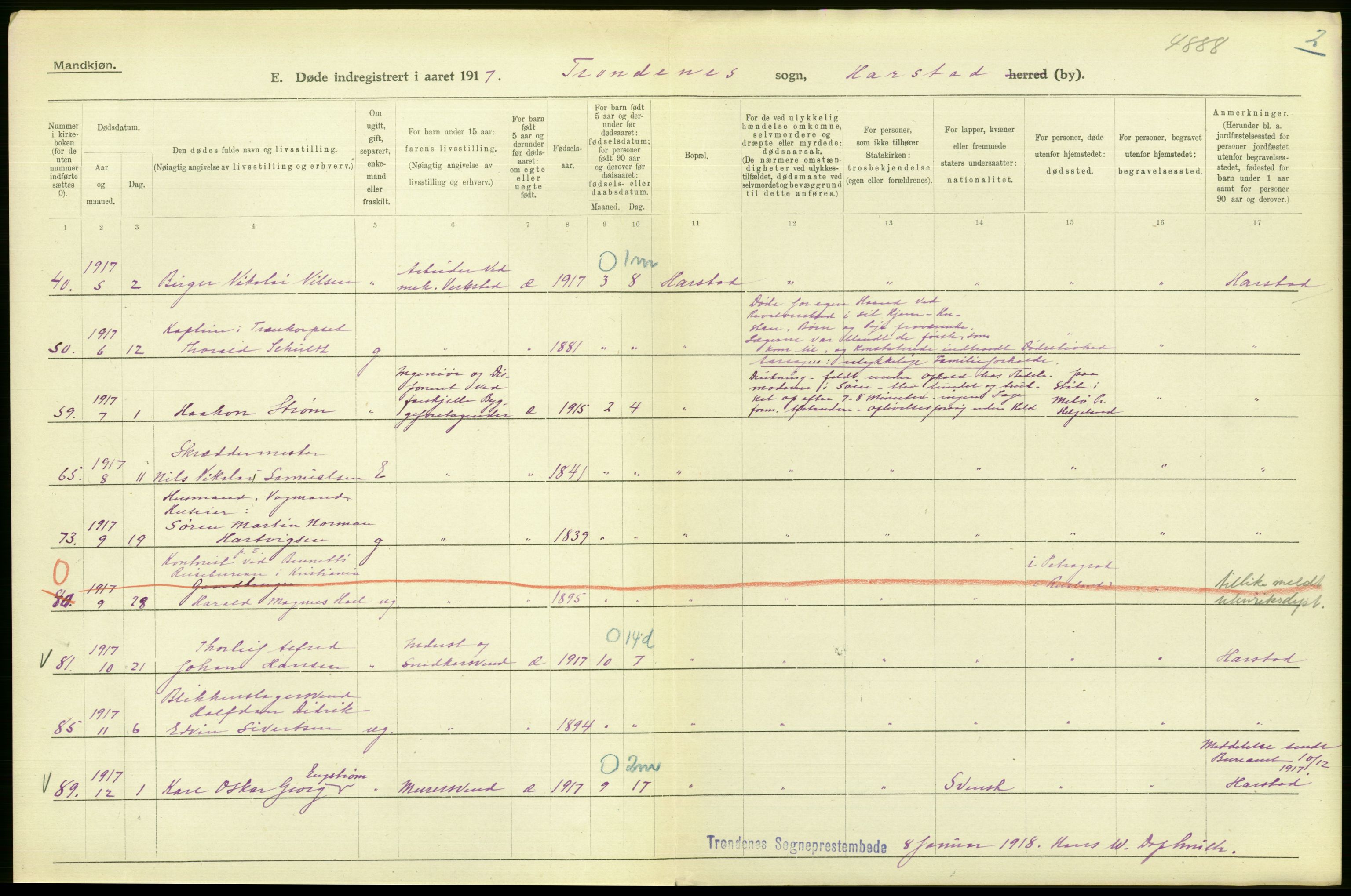 Statistisk sentralbyrå, Sosiodemografiske emner, Befolkning, AV/RA-S-2228/D/Df/Dfb/Dfbg/L0054: Tromsø amt: Gifte, døde, dødfødte. Bygder og byer., 1917, s. 66