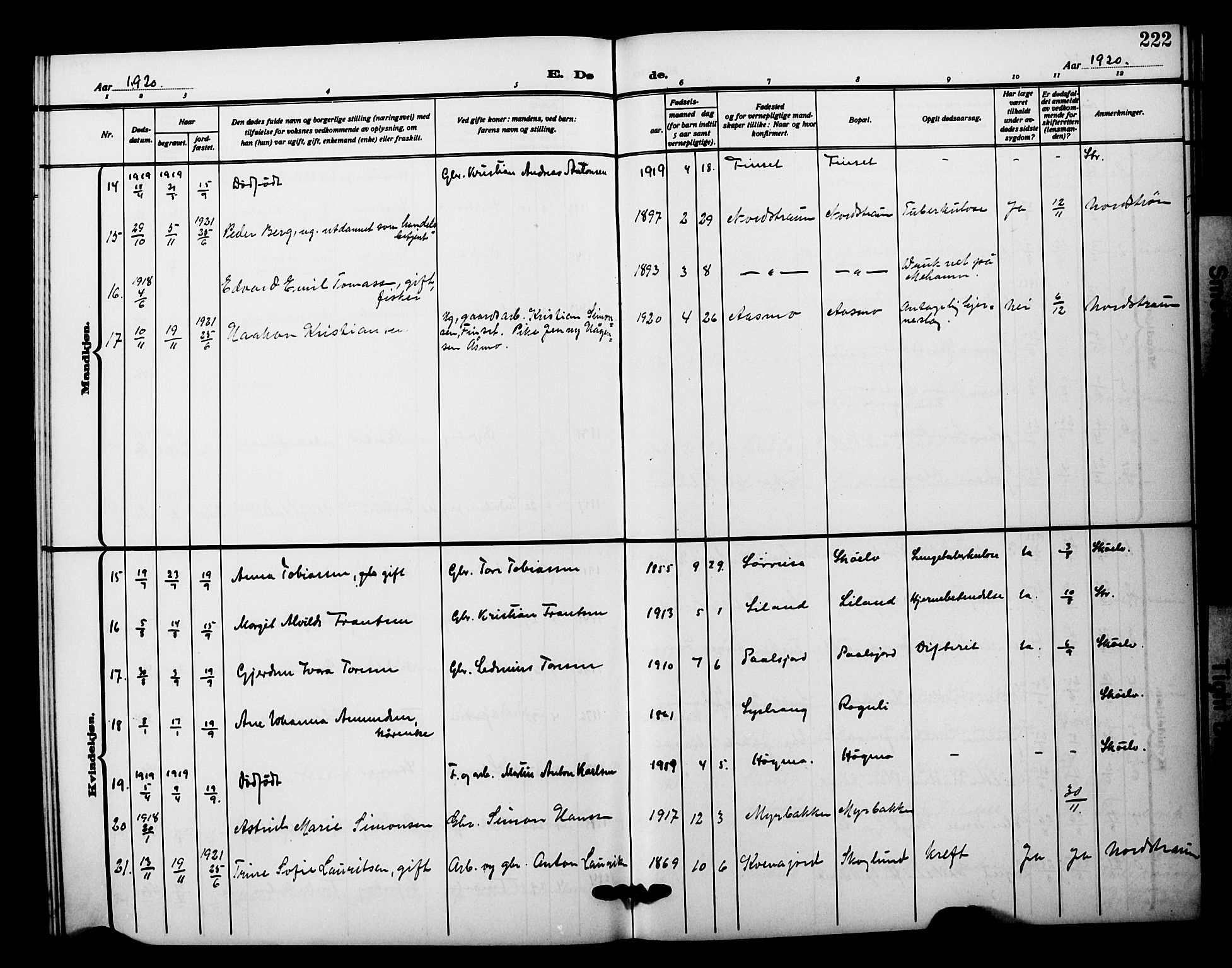 Tranøy sokneprestkontor, AV/SATØ-S-1313/I/Ia/Iab/L0023klokker: Klokkerbok nr. 23, 1913-1928, s. 222