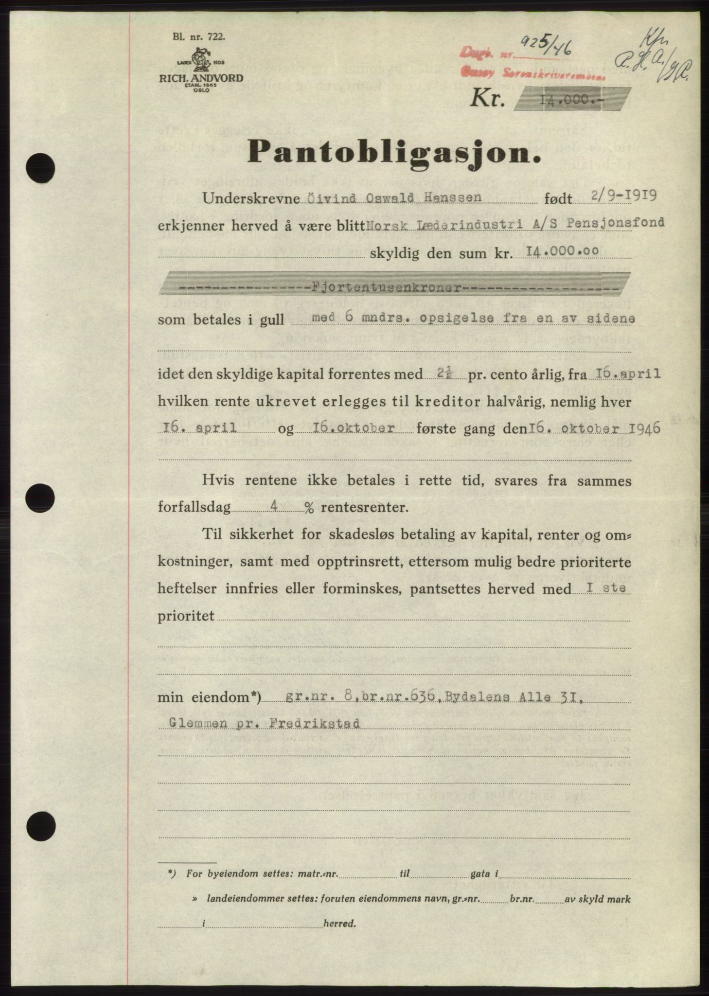 Onsøy sorenskriveri, SAO/A-10474/G/Ga/Gac/L0005: Pantebok nr. B 9-5, 1946-1947, Dagboknr: 925/1946