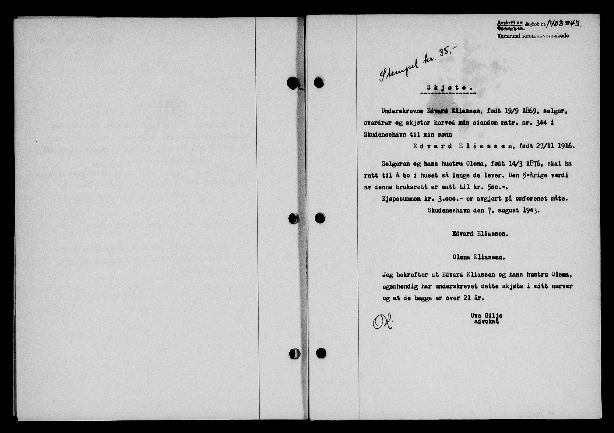 Karmsund sorenskriveri, SAST/A-100311/01/II/IIB/L0080: Pantebok nr. 61A, 1943-1943, Dagboknr: 1403/1943