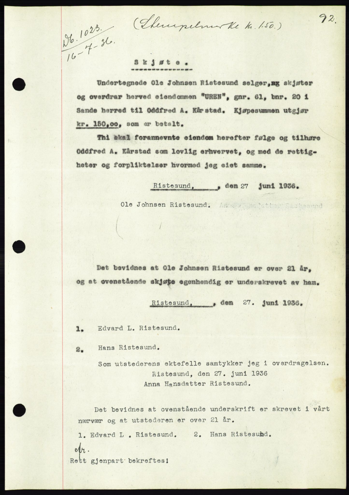 Søre Sunnmøre sorenskriveri, SAT/A-4122/1/2/2C/L0061: Pantebok nr. 55, 1936-1936, Dagboknr: 1023/1936