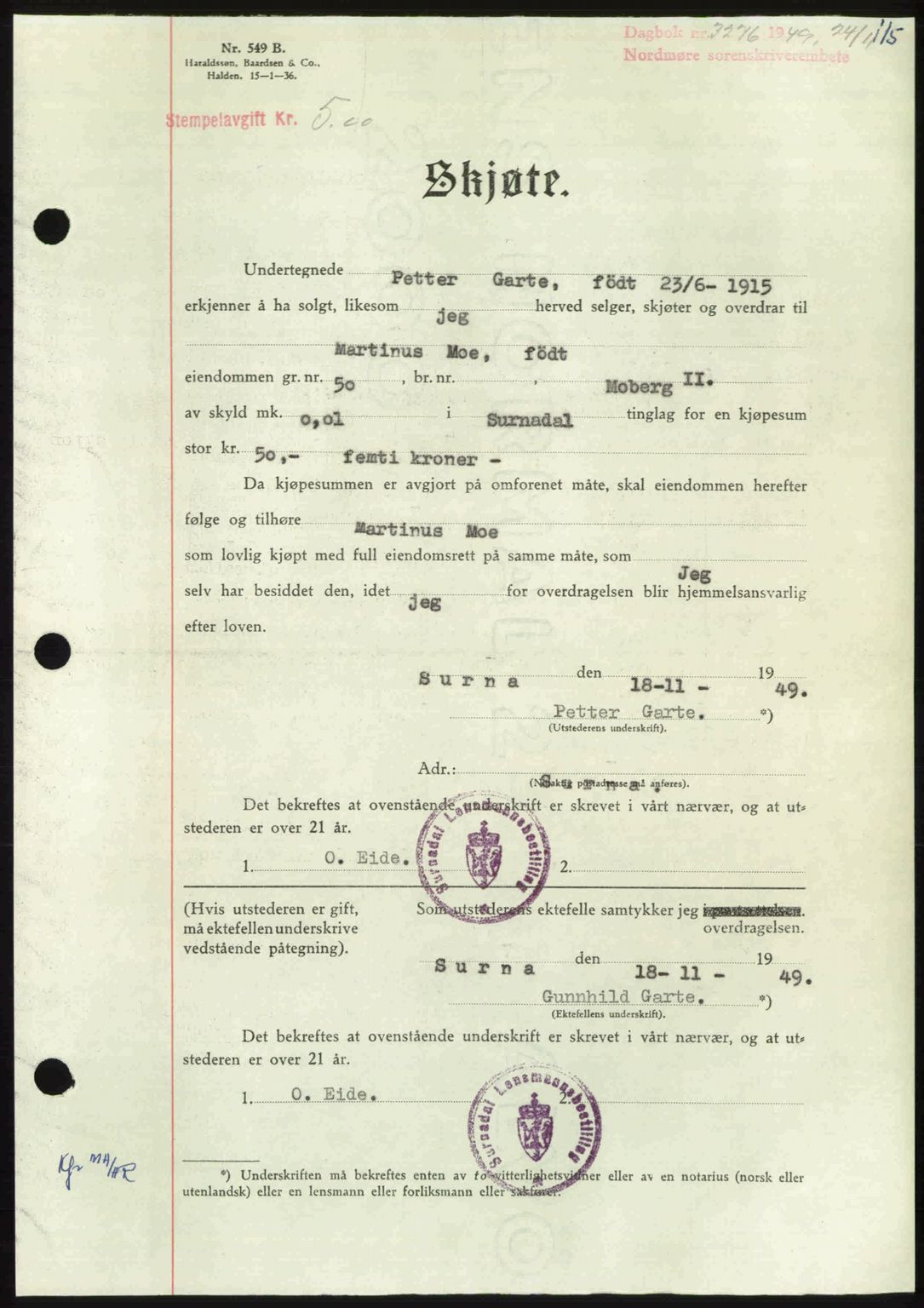 Nordmøre sorenskriveri, AV/SAT-A-4132/1/2/2Ca: Pantebok nr. A113, 1949-1950, Dagboknr: 3276/1949