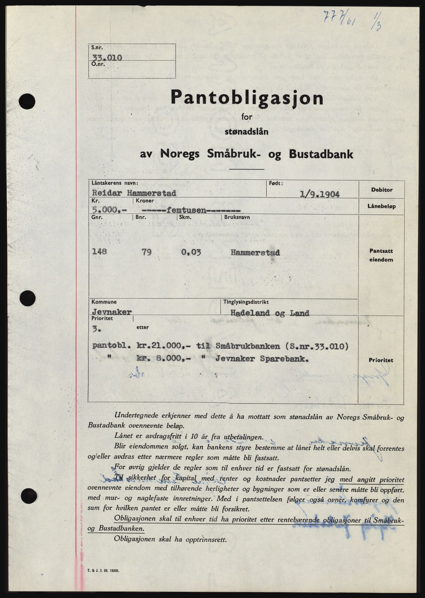 Hadeland og Land tingrett, SAH/TING-010/H/Hb/Hbc/L0045: Pantebok nr. B45, 1961-1961, Dagboknr: 777/1961