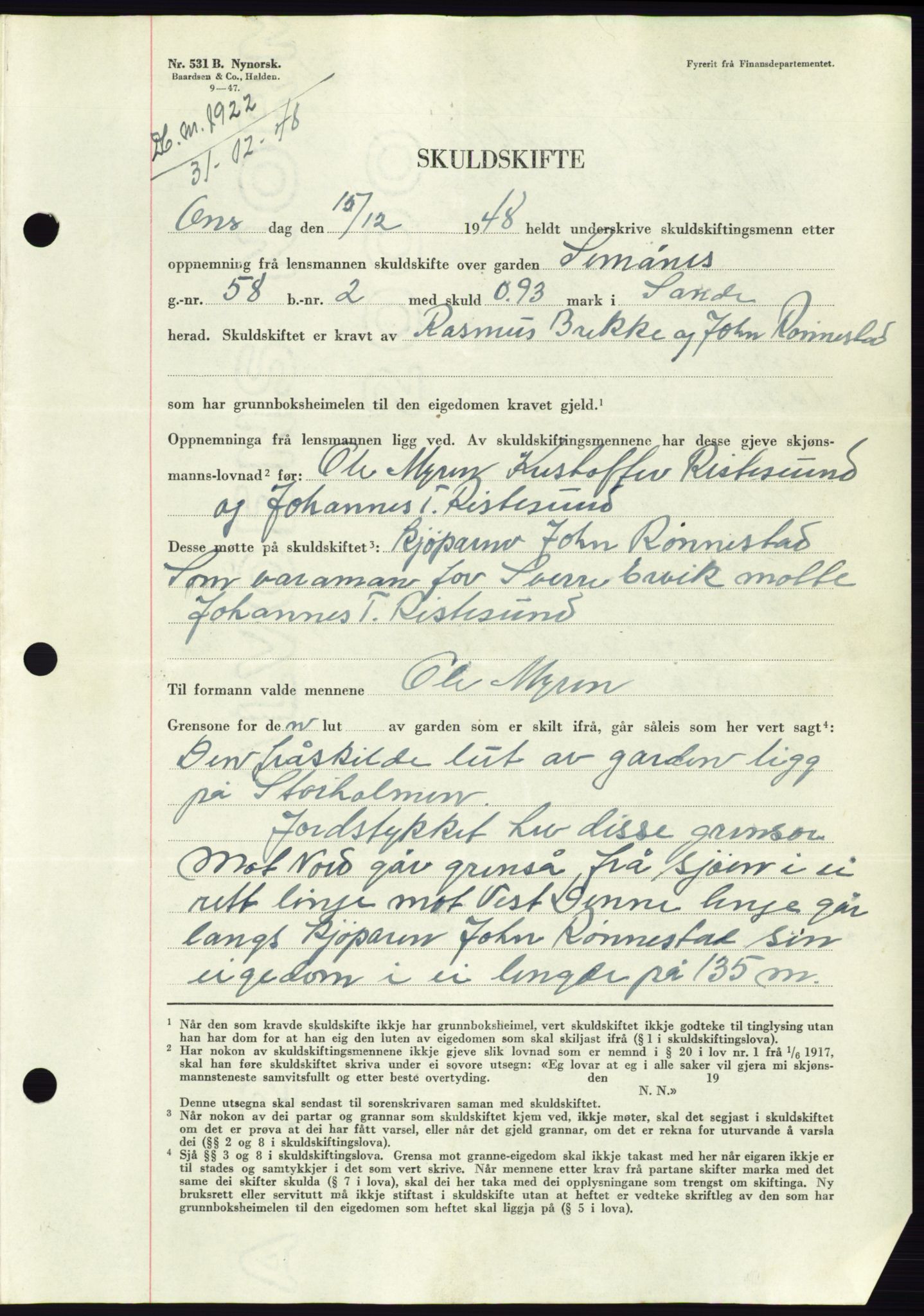 Søre Sunnmøre sorenskriveri, AV/SAT-A-4122/1/2/2C/L0083: Pantebok nr. 9A, 1948-1949, Dagboknr: 1922/1948