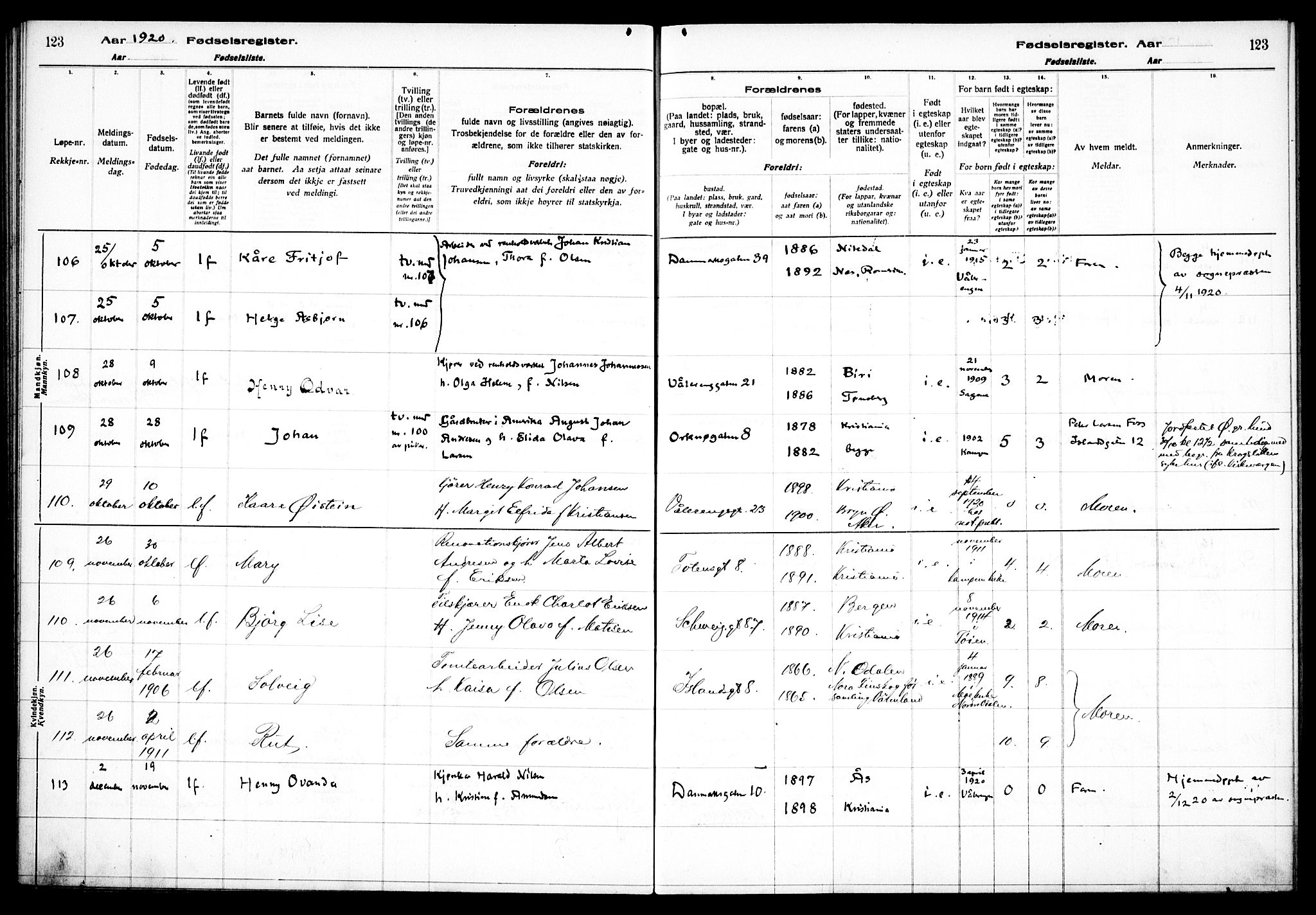 Vålerengen prestekontor Kirkebøker, AV/SAO-A-10878/J/Ja/L0001: Fødselsregister nr. 1, 1916-1924, s. 123