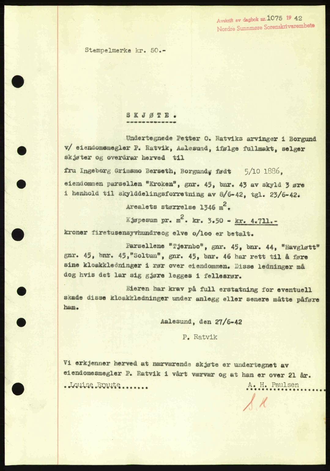 Nordre Sunnmøre sorenskriveri, SAT/A-0006/1/2/2C/2Ca: Pantebok nr. A14, 1942-1942, Dagboknr: 1075/1942