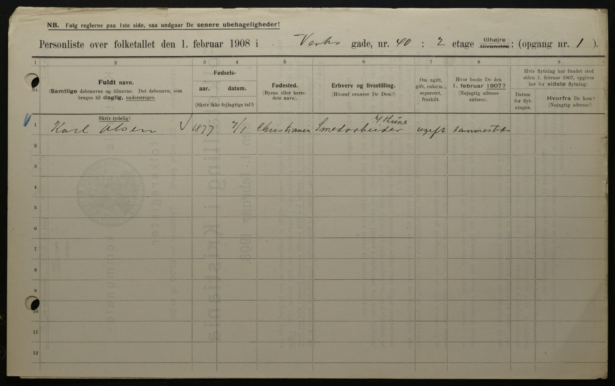 OBA, Kommunal folketelling 1.2.1908 for Kristiania kjøpstad, 1908, s. 109801