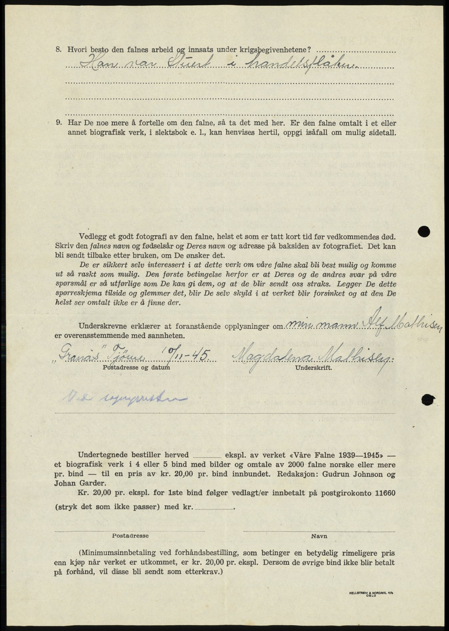 Sosialdepartementet, Våre Falne, AV/RA-S-1708/E/Ee/L0094: Personmapper: Maliniak, M 4567c - Mathisen, Alfred 4635b, 1945-1951, s. 1004