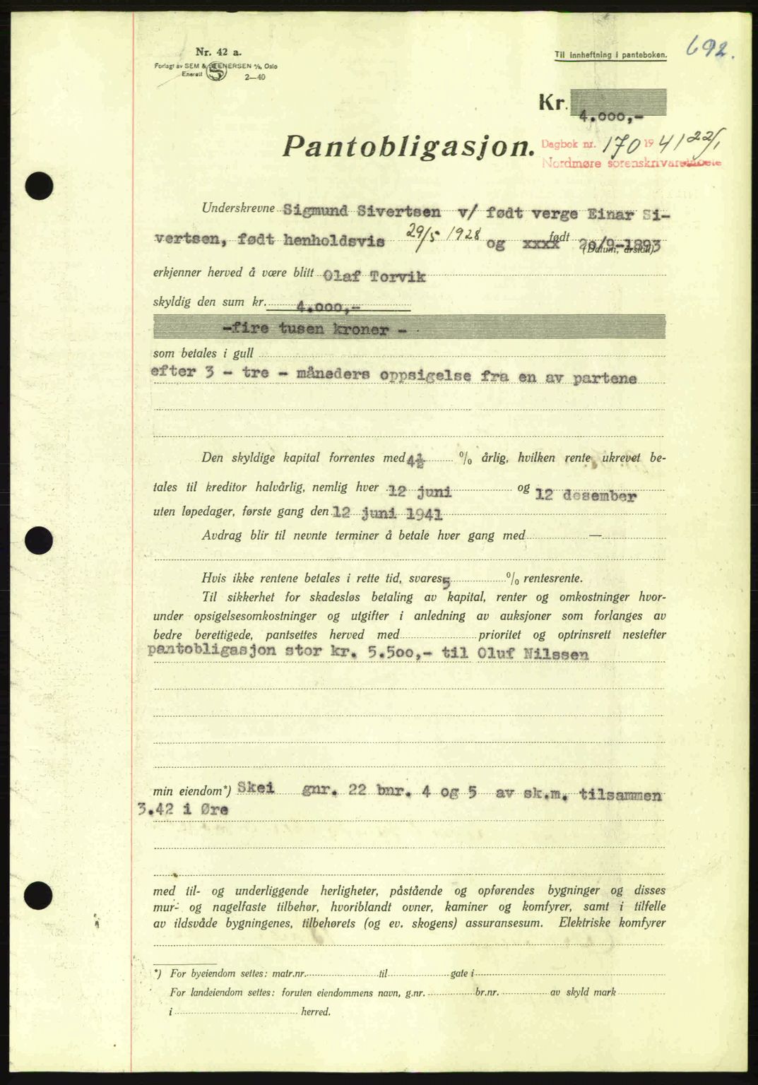 Nordmøre sorenskriveri, AV/SAT-A-4132/1/2/2Ca: Pantebok nr. B87, 1940-1941, Dagboknr: 170/1941