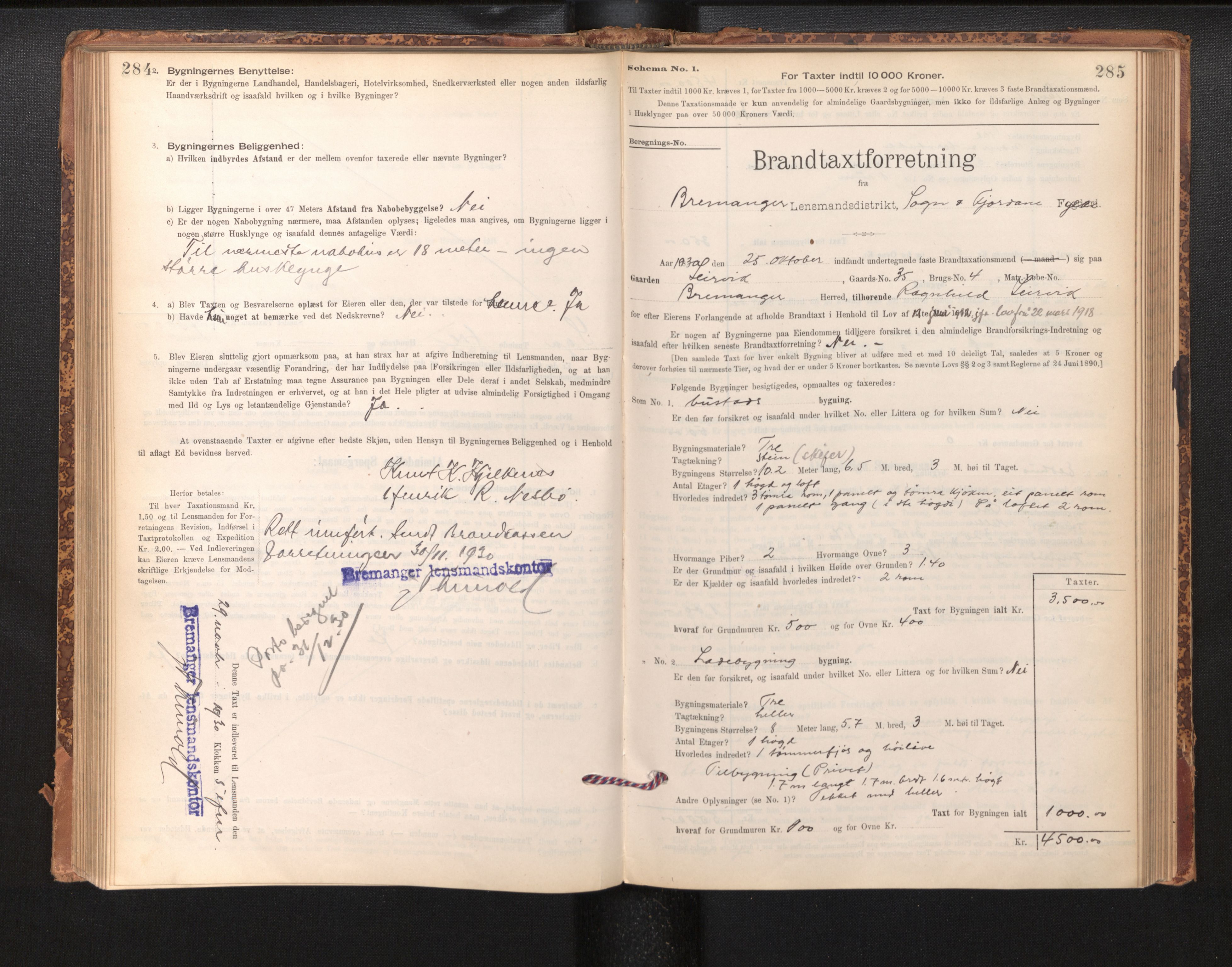 Lensmannen i Bremanger, SAB/A-26701/0012/L0007: Branntakstprotokoll, skjematakst, 1895-1936, s. 284-285