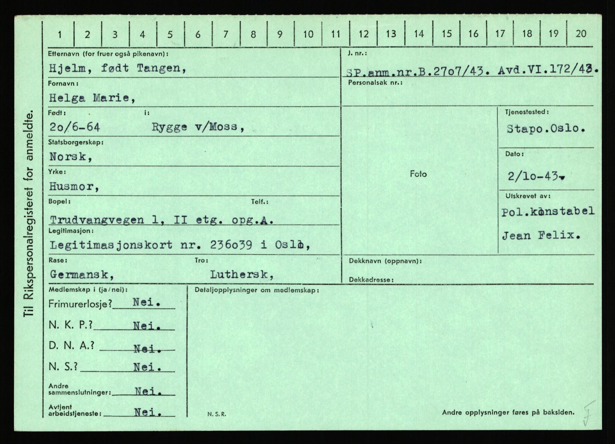 Statspolitiet - Hovedkontoret / Osloavdelingen, AV/RA-S-1329/C/Ca/L0006: Hanche - Hokstvedt, 1943-1945, s. 4397