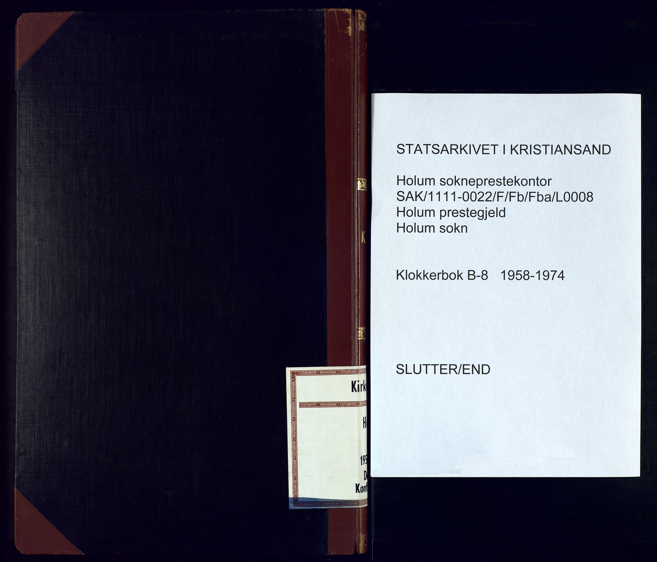 Holum sokneprestkontor, SAK/1111-0022/F/Fb/Fba/L0008: Klokkerbok nr. B-8, 1958-1974