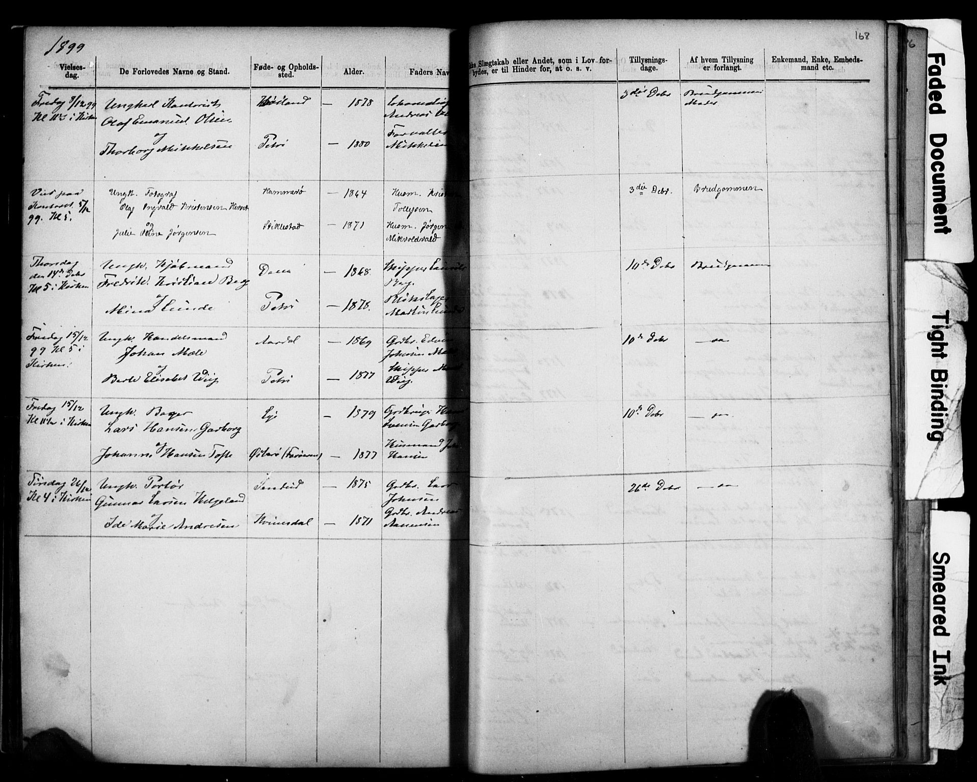 Domkirken sokneprestkontor, AV/SAST-A-101812/001/30/30BB/L0014: Klokkerbok nr. B 14, 1875-1902, s. 168
