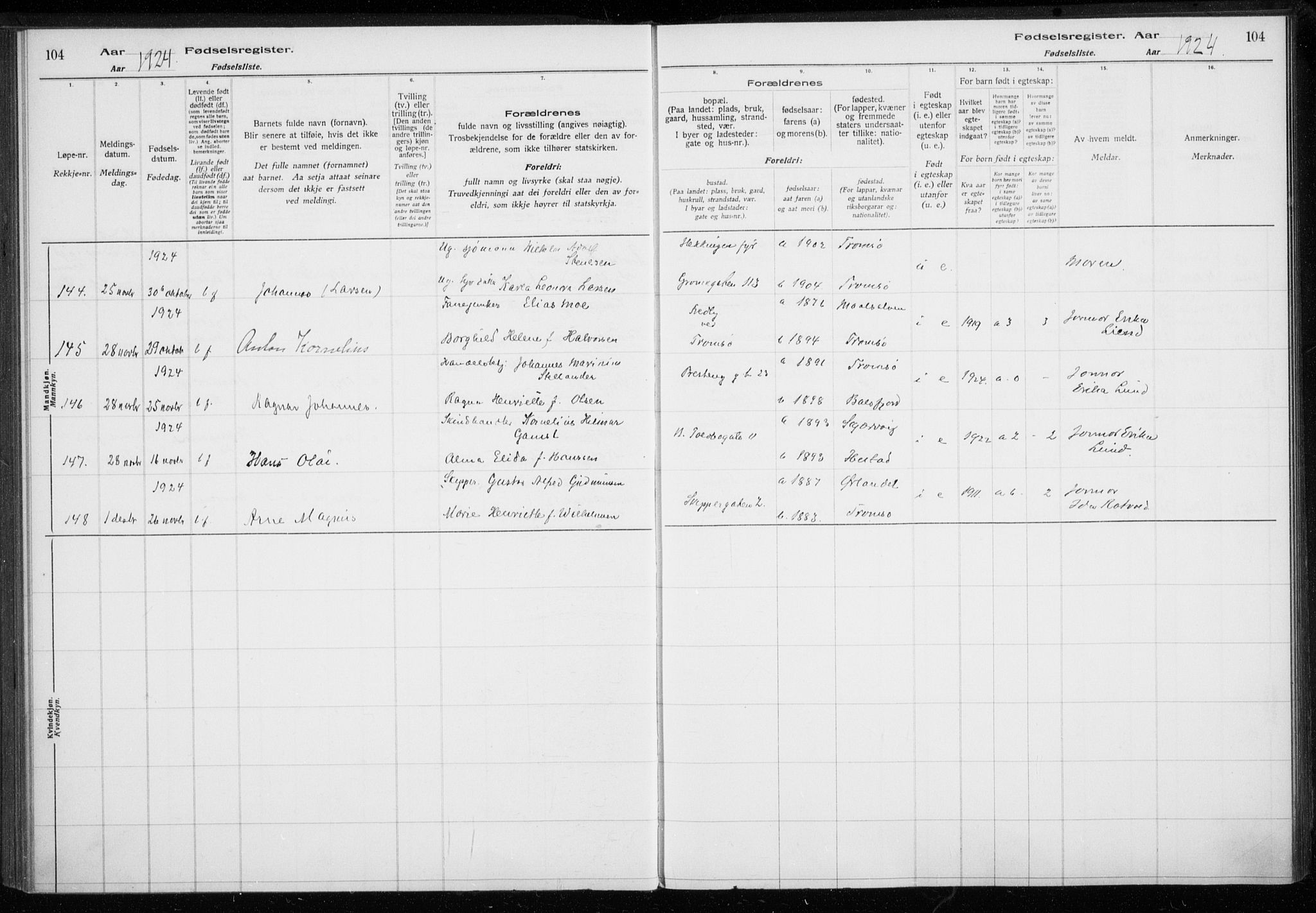 Tromsø sokneprestkontor/stiftsprosti/domprosti, AV/SATØ-S-1343/H/Ha/L0132: Fødselsregister nr. 132, 1921-1927, s. 104