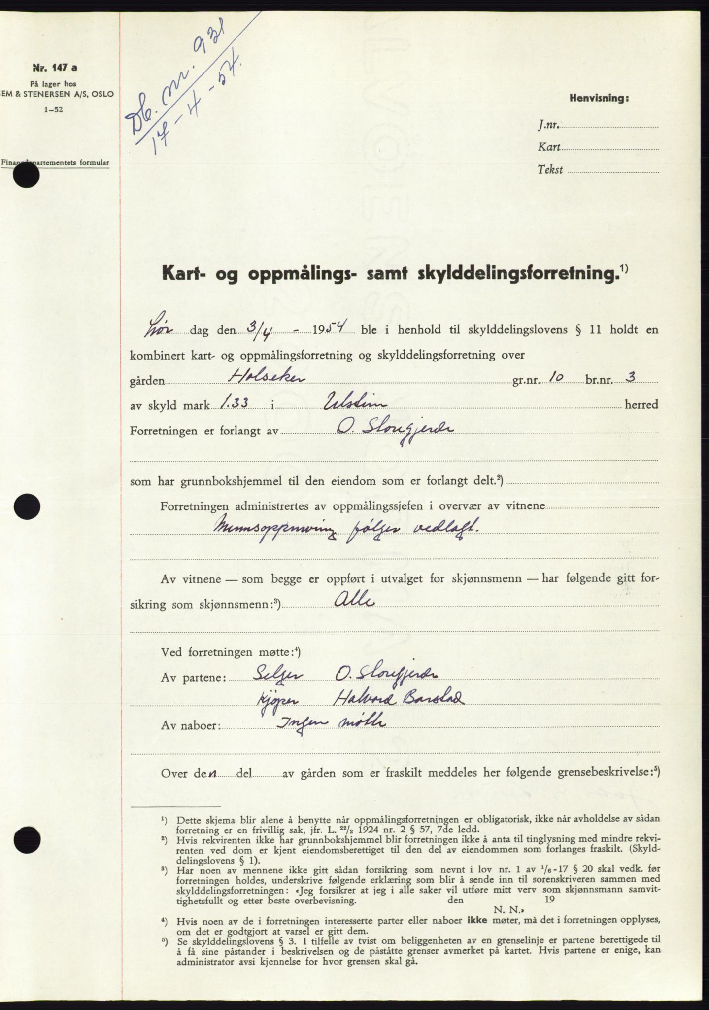 Søre Sunnmøre sorenskriveri, SAT/A-4122/1/2/2C/L0097: Pantebok nr. 23A, 1954-1954, Dagboknr: 931/1954