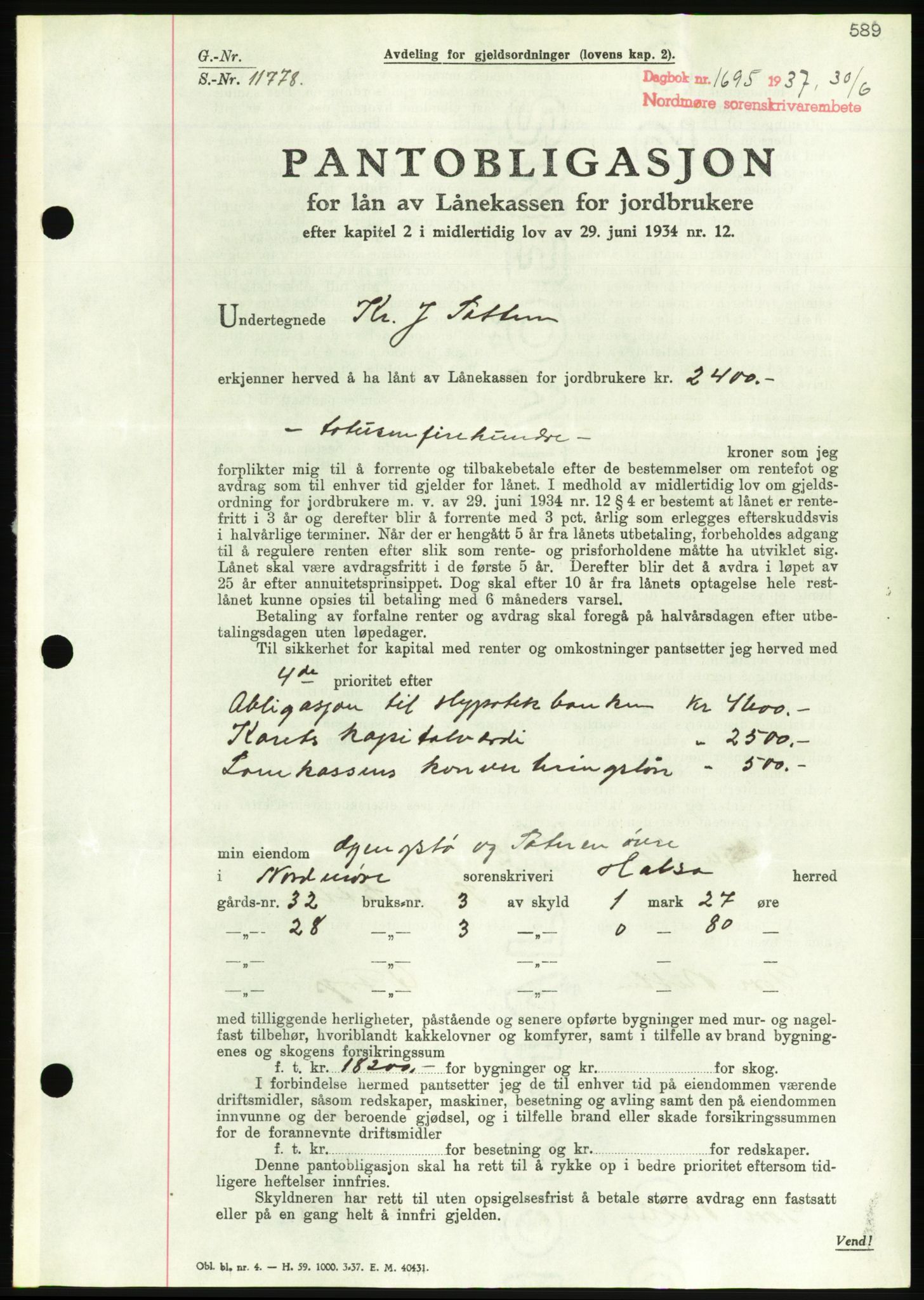 Nordmøre sorenskriveri, AV/SAT-A-4132/1/2/2Ca/L0091: Pantebok nr. B81, 1937-1937, Dagboknr: 1695/1937