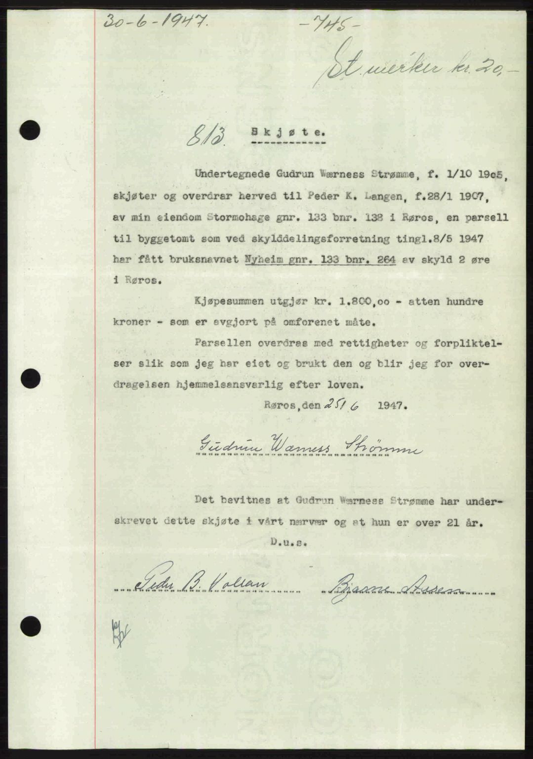 Gauldal sorenskriveri, SAT/A-0014/1/2/2C: Pantebok nr. A3, 1947-1947, Dagboknr: 813/1947