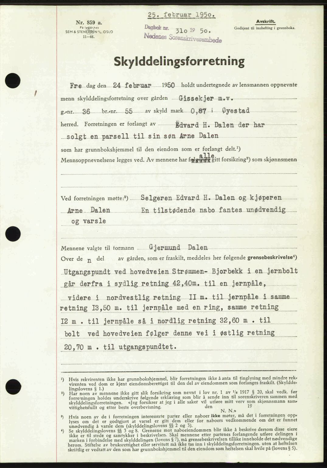 Nedenes sorenskriveri, SAK/1221-0006/G/Gb/Gba/L0062: Pantebok nr. A14, 1949-1950, Dagboknr: 310/1950