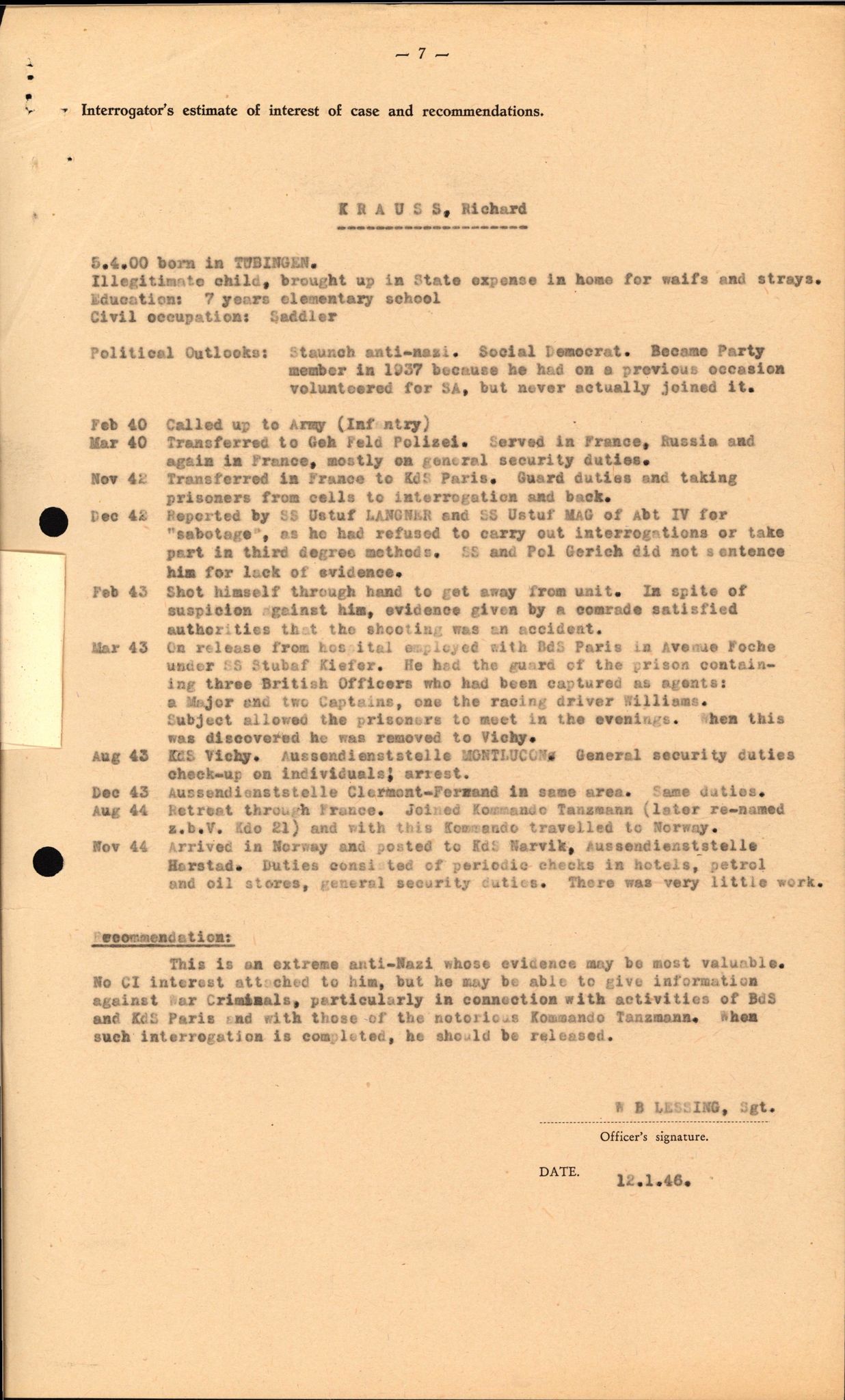 Forsvaret, Forsvarets overkommando II, AV/RA-RAFA-3915/D/Db/L0018: CI Questionaires. Tyske okkupasjonsstyrker i Norge. Tyskere., 1945-1946, s. 116