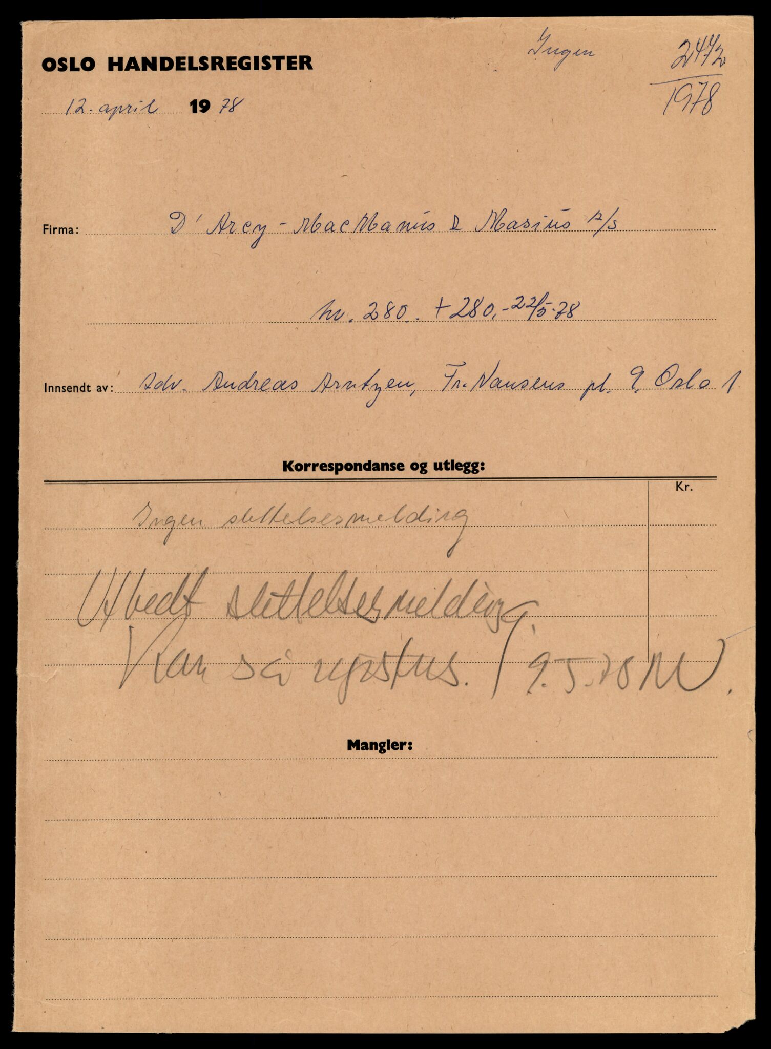 Oslo byfogd, Handelsregisteret, SAT/A-10867/G/Gc/Gca/L0156: Ikke konverterte foretak, Dar-Data K, 1890-1990, s. 1