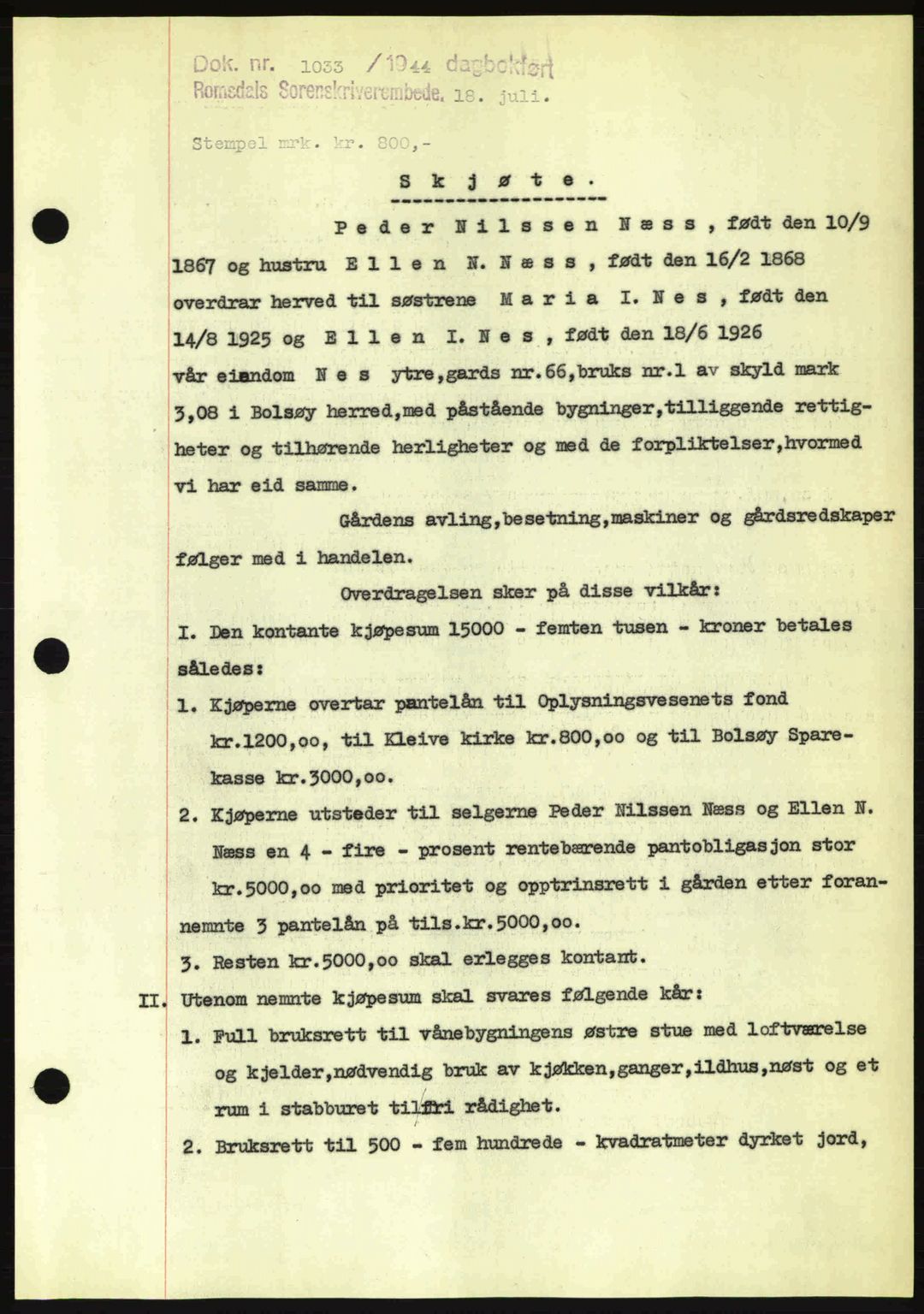 Romsdal sorenskriveri, SAT/A-4149/1/2/2C: Pantebok nr. A16, 1944-1944, Dagboknr: 1033/1944