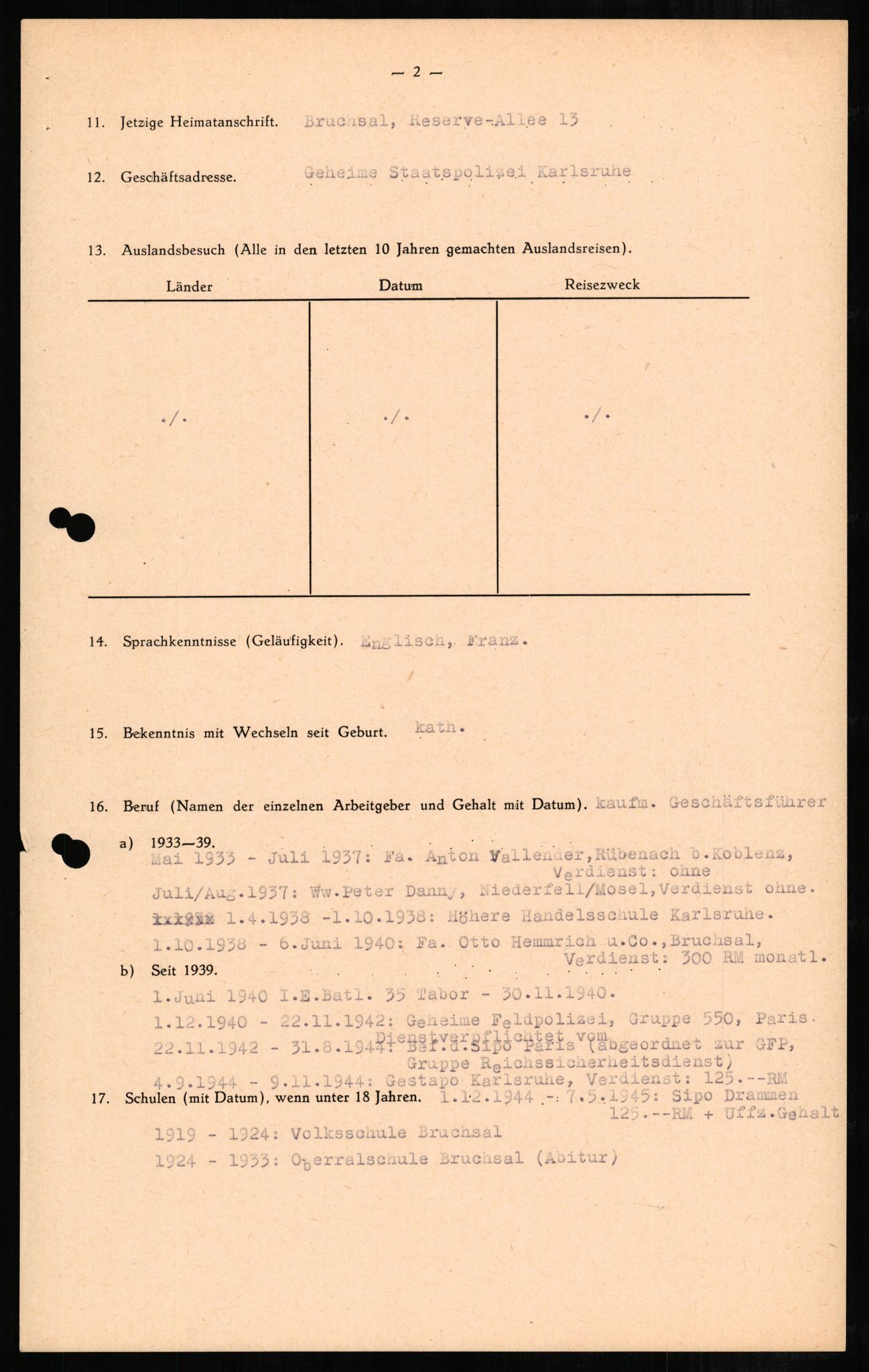 Forsvaret, Forsvarets overkommando II, RA/RAFA-3915/D/Db/L0003: CI Questionaires. Tyske okkupasjonsstyrker i Norge. Tyskere., 1945-1946, s. 321