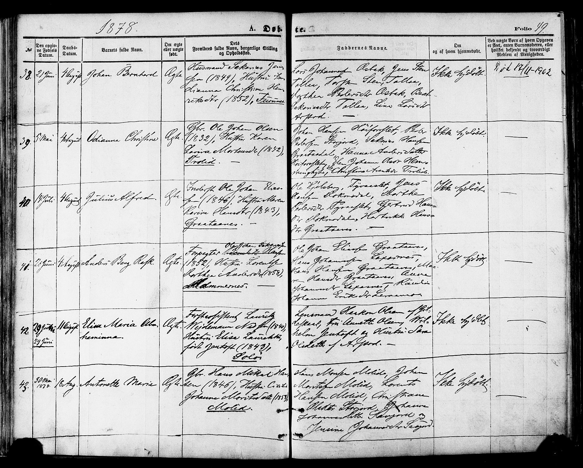 Ministerialprotokoller, klokkerbøker og fødselsregistre - Nordland, AV/SAT-A-1459/846/L0645: Ministerialbok nr. 846A03, 1872-1886, s. 49