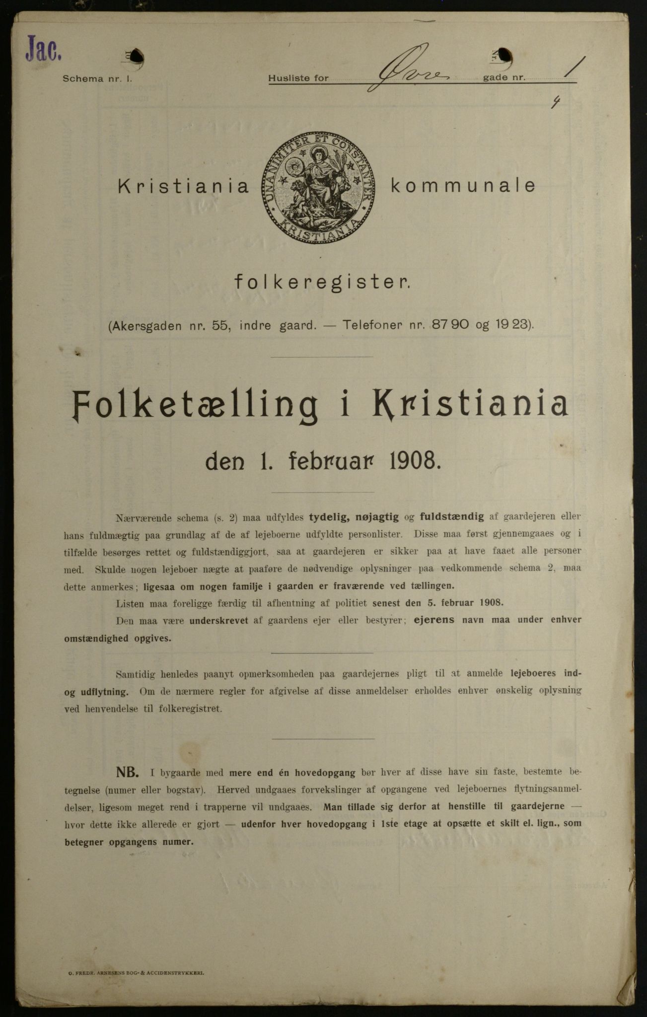 OBA, Kommunal folketelling 1.2.1908 for Kristiania kjøpstad, 1908, s. 116486