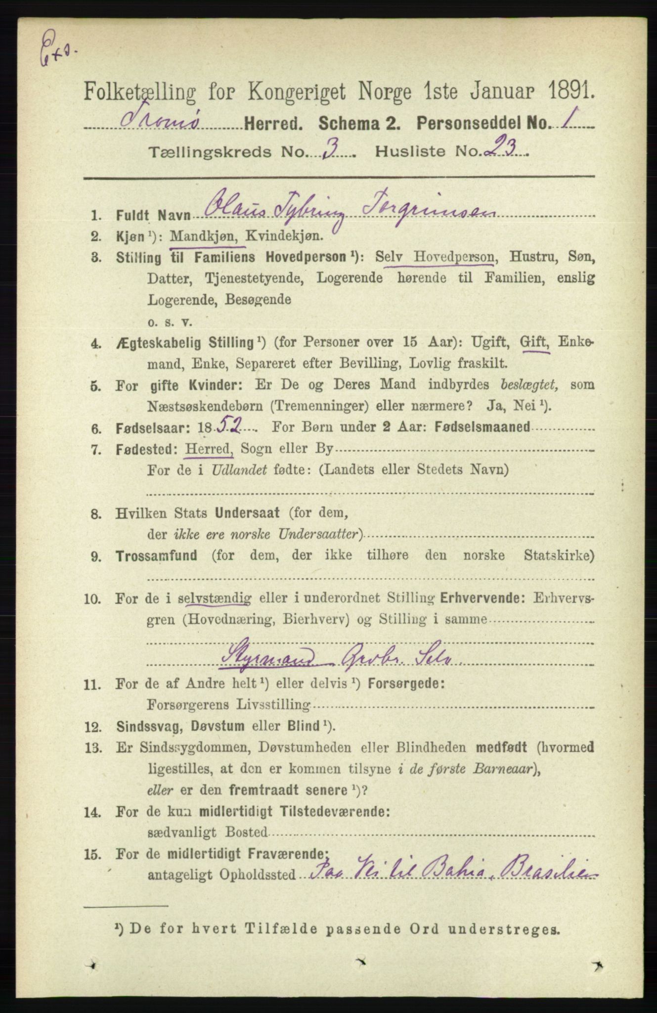 RA, Folketelling 1891 for Nedenes amt: Gjenparter av personsedler for beslektede ektefeller, menn, 1891, s. 568