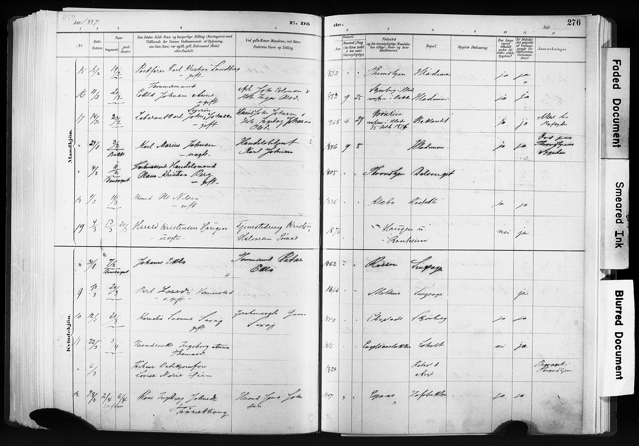 Ministerialprotokoller, klokkerbøker og fødselsregistre - Sør-Trøndelag, SAT/A-1456/606/L0300: Ministerialbok nr. 606A15, 1886-1893, s. 276