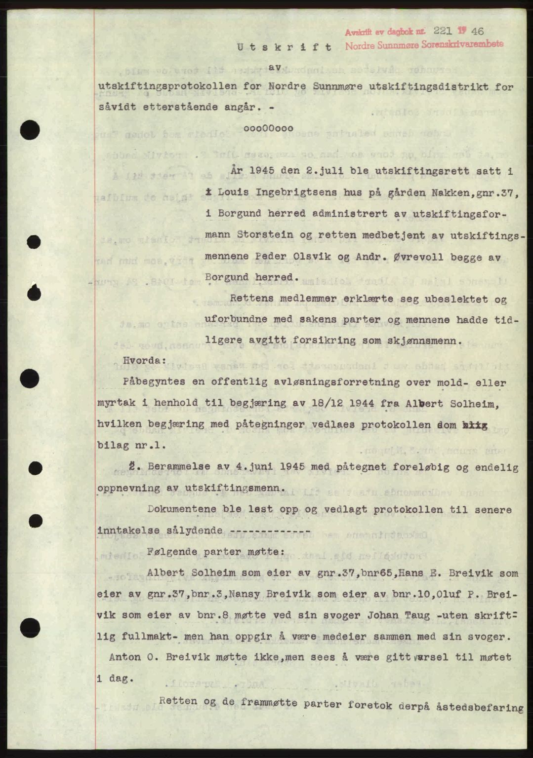 Nordre Sunnmøre sorenskriveri, SAT/A-0006/1/2/2C/2Ca: Pantebok nr. A20b, 1946-1946, Dagboknr: 221/1946