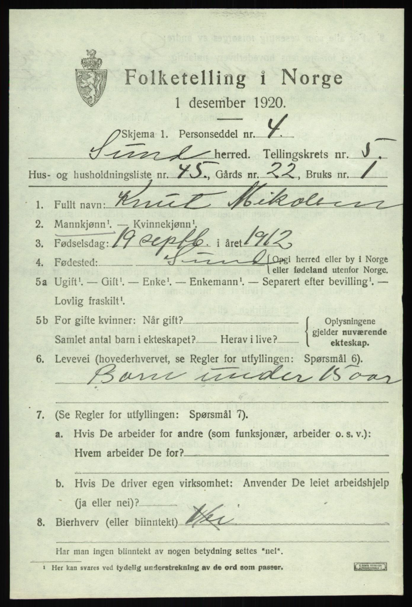 SAB, Folketelling 1920 for 1245 Sund herred, 1920, s. 3589