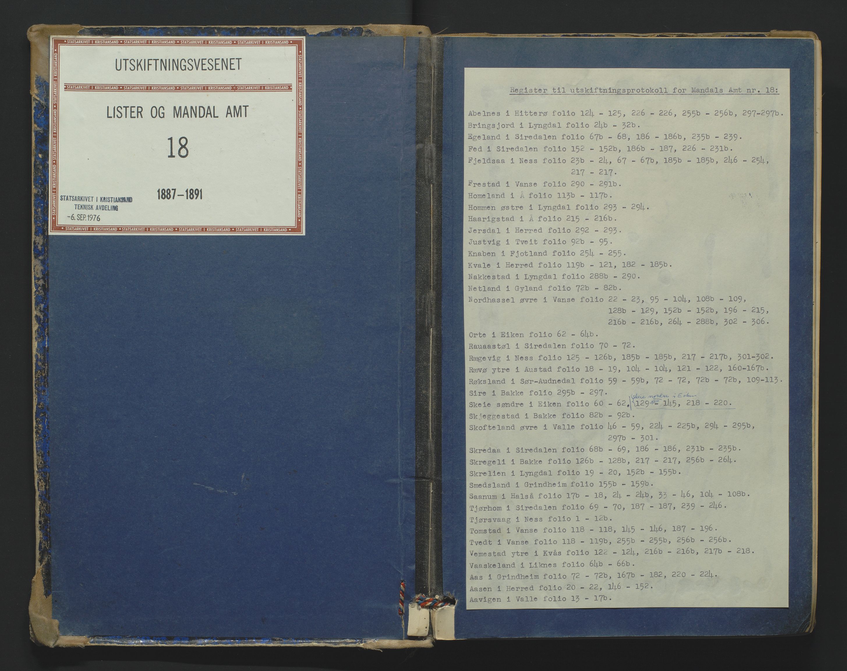 Utskiftningsformannen i Lister og Mandal amt, SAK/1541-0003/F/Fa/Faa/L0018: Utskiftningsprotokoll med register nr 18, 1887-1891