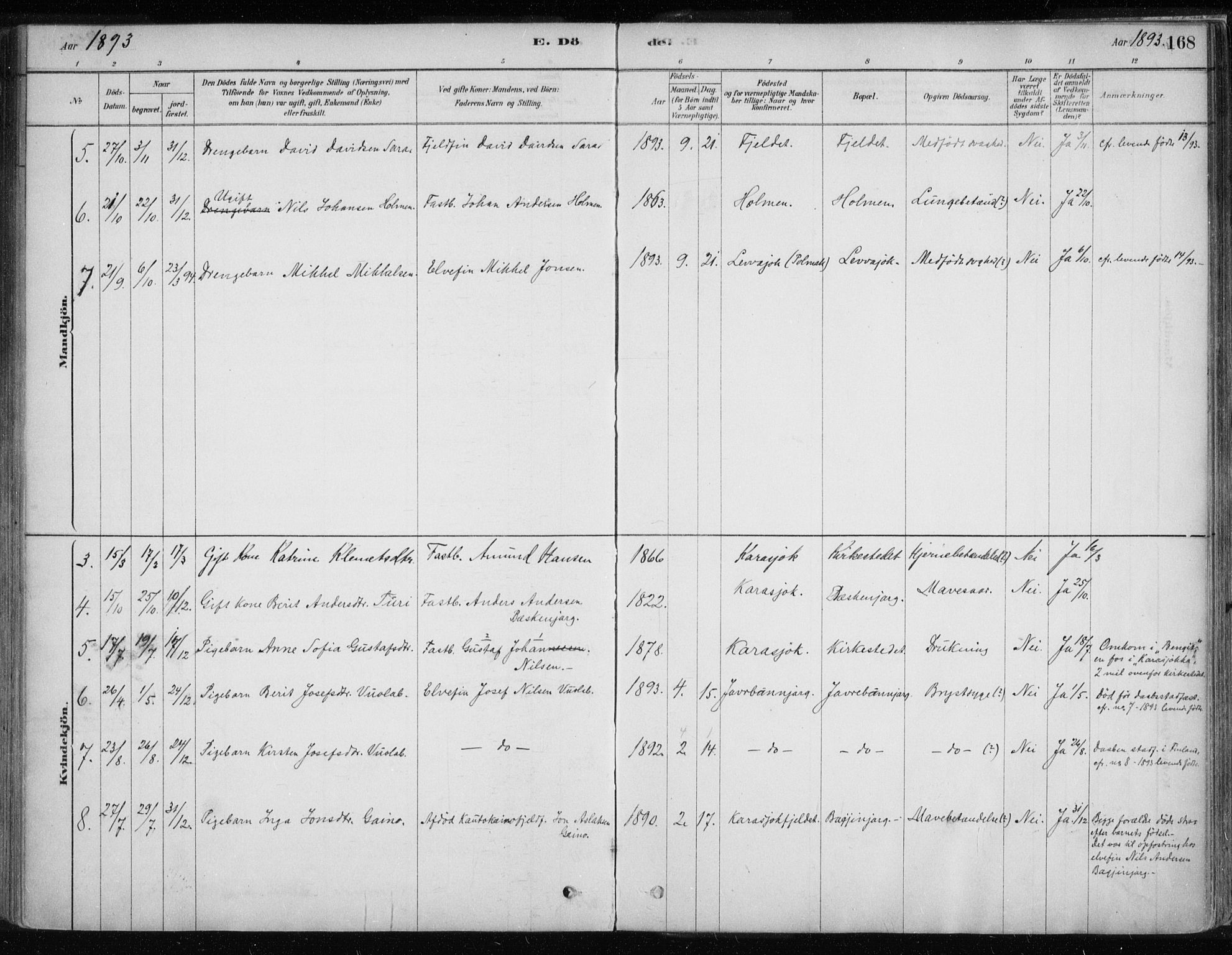 Karasjok sokneprestkontor, AV/SATØ-S-1352/H/Ha/L0002kirke: Ministerialbok nr. 2, 1885-1906, s. 168