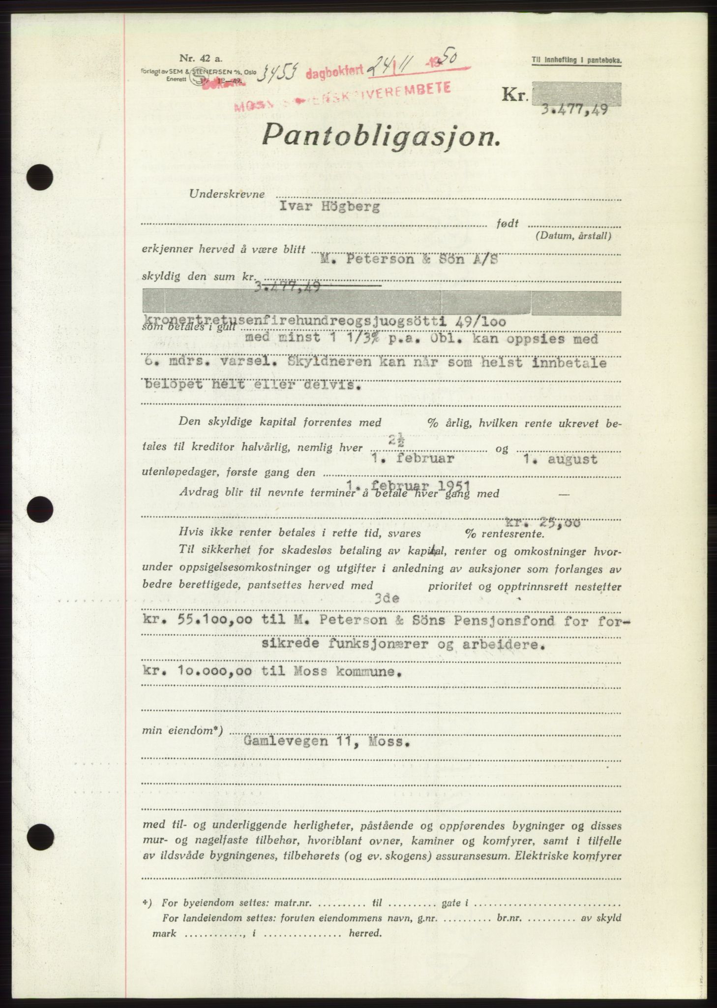 Moss sorenskriveri, SAO/A-10168: Pantebok nr. B25, 1950-1950, Dagboknr: 3453/1950