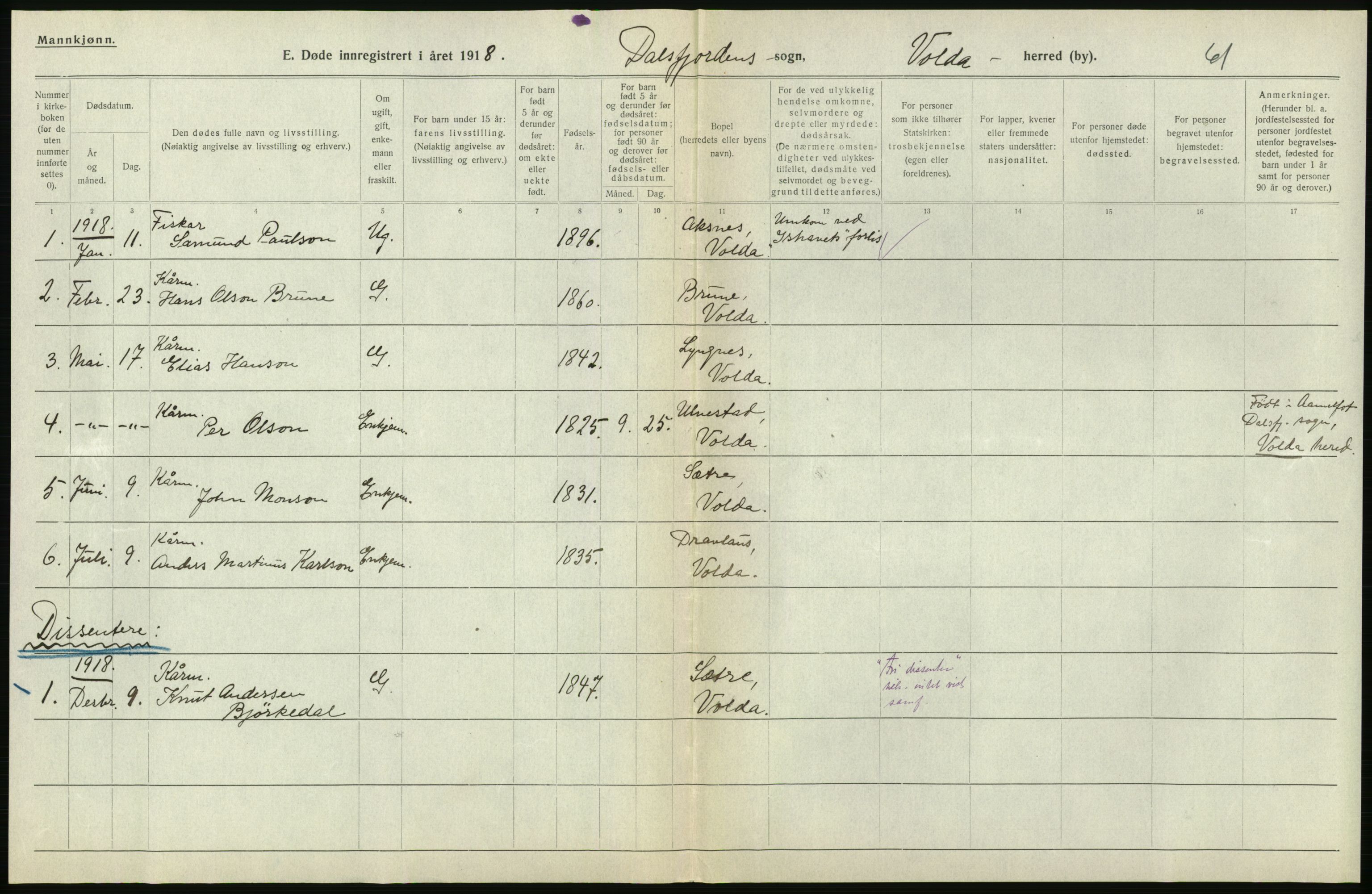 Statistisk sentralbyrå, Sosiodemografiske emner, Befolkning, AV/RA-S-2228/D/Df/Dfb/Dfbh/L0045: Møre fylke: Døde. Bygder og byer., 1918, s. 322