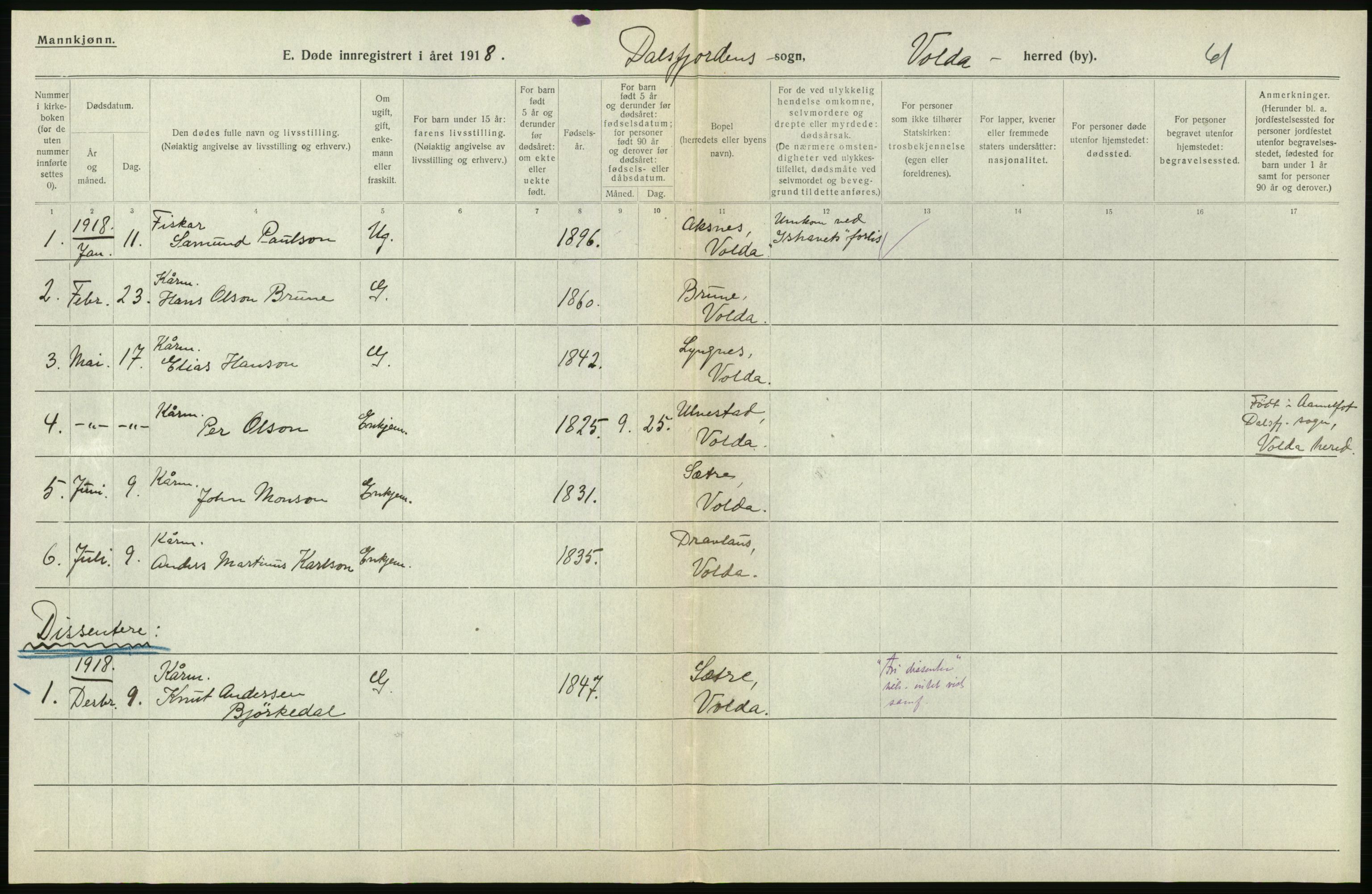 Statistisk sentralbyrå, Sosiodemografiske emner, Befolkning, RA/S-2228/D/Df/Dfb/Dfbh/L0045: Møre fylke: Døde. Bygder og byer., 1918, s. 322