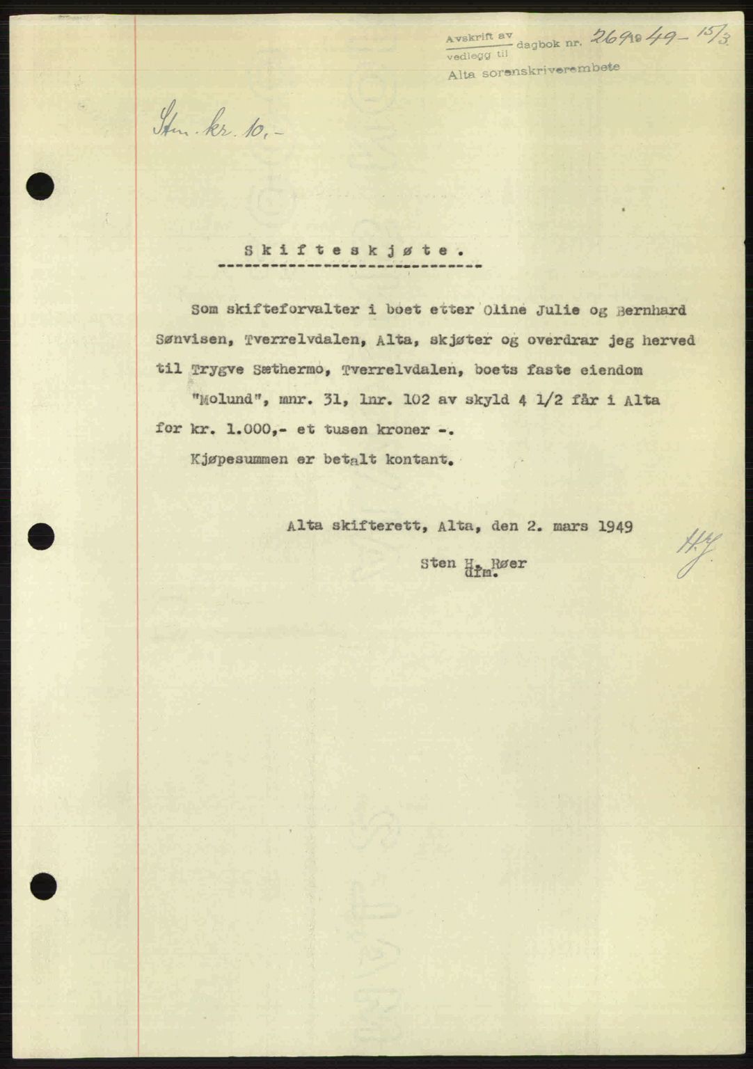 Alta fogderi/sorenskriveri, AV/SATØ-SATØ-5/1/K/Kd/L0037pantebok: Pantebok nr. 39-40, 1948-1949, Dagboknr: 269/1949