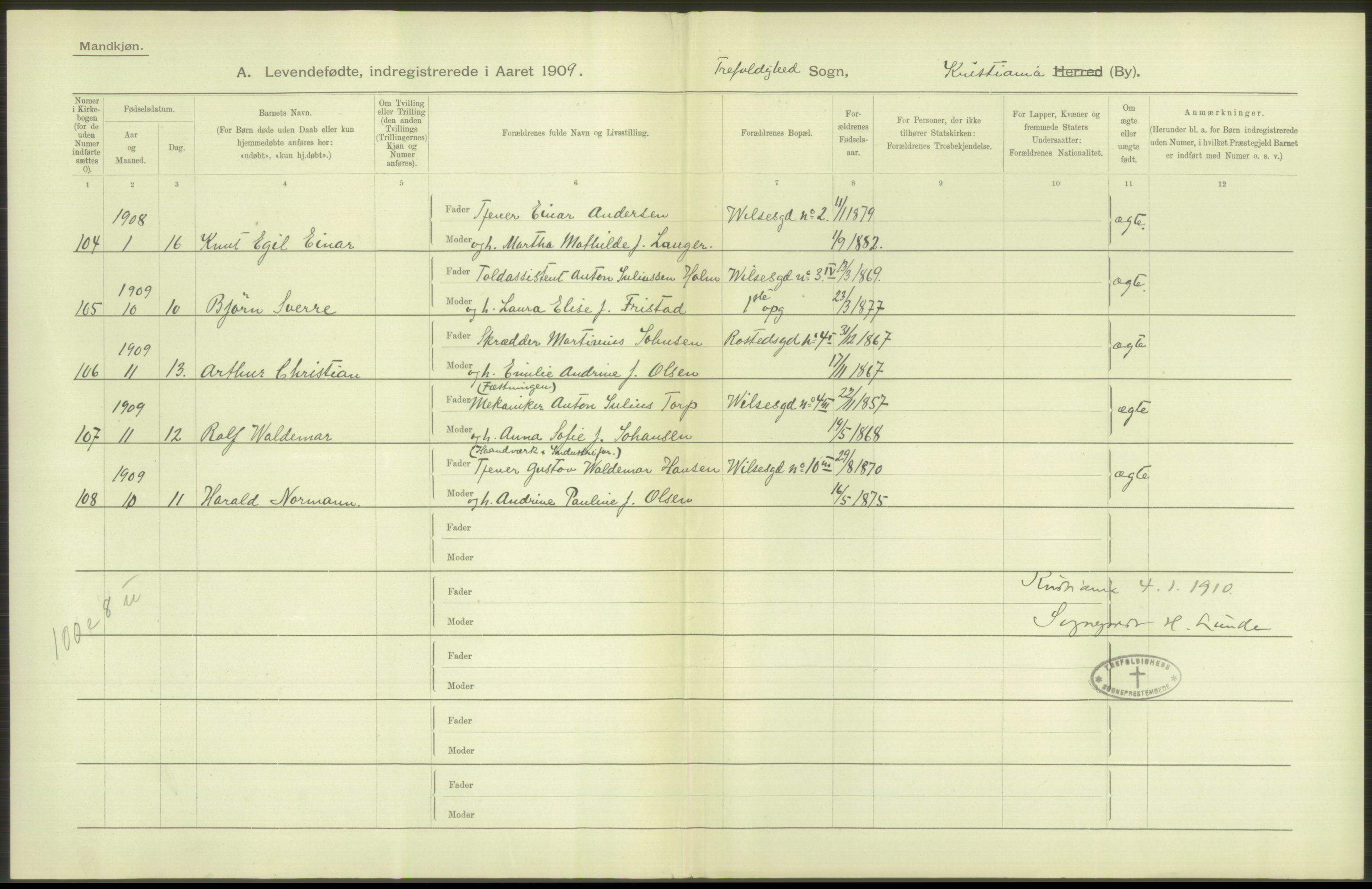 Statistisk sentralbyrå, Sosiodemografiske emner, Befolkning, RA/S-2228/D/Df/Dfa/Dfag/L0007: Kristiania: Levendefødte menn og kvinner., 1909, s. 128