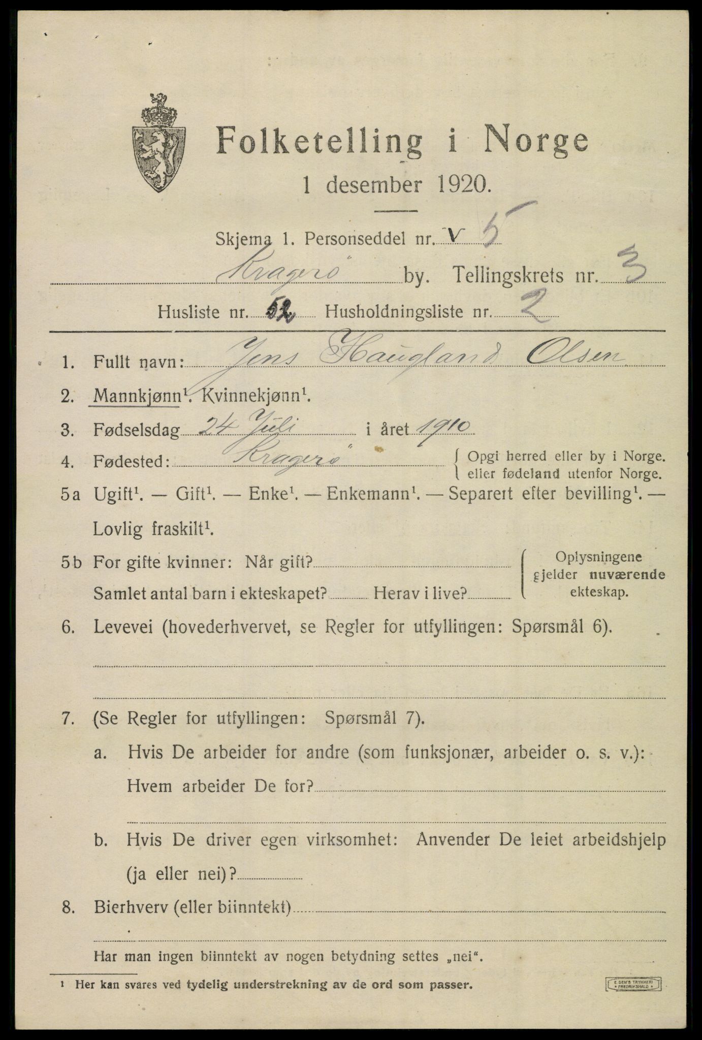 SAKO, Folketelling 1920 for 0801 Kragerø kjøpstad, 1920, s. 7675