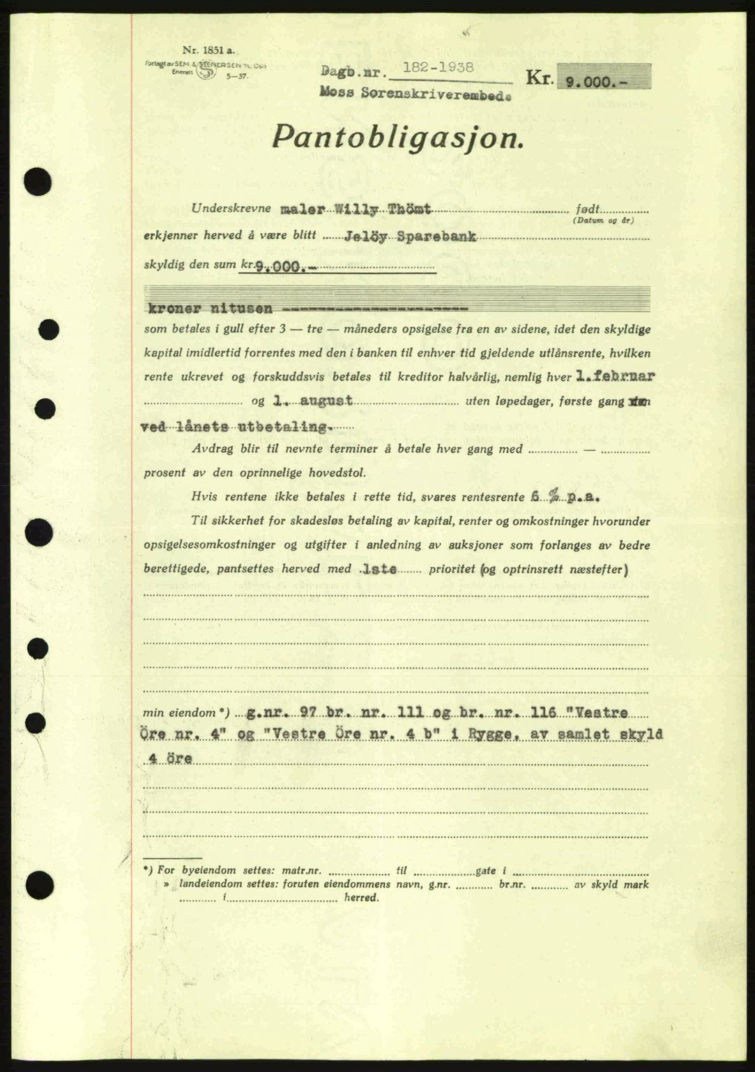 Moss sorenskriveri, SAO/A-10168: Pantebok nr. B4, 1937-1938, Dagboknr: 182/1938