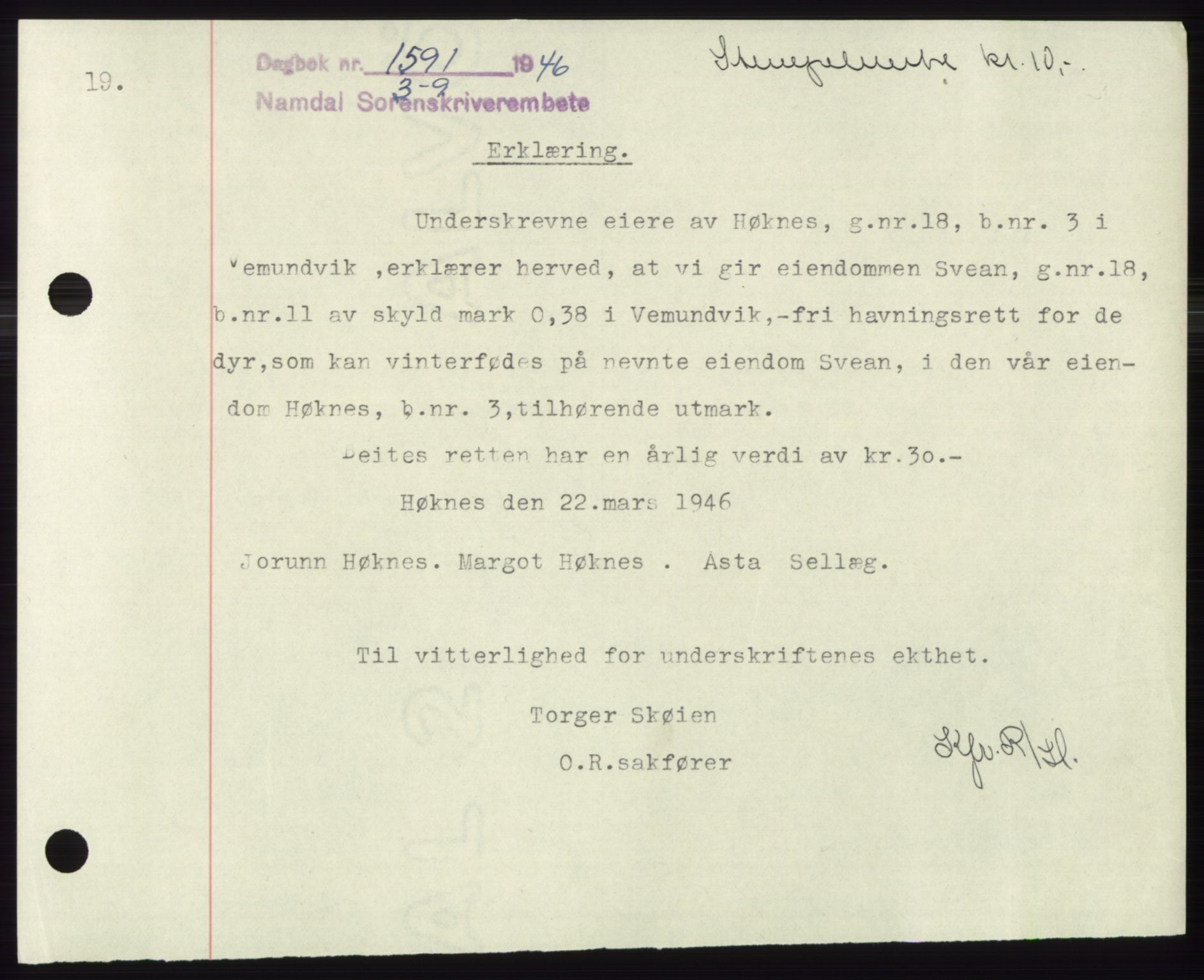 Namdal sorenskriveri, SAT/A-4133/1/2/2C: Pantebok nr. -, 1946-1947, Dagboknr: 1591/1946