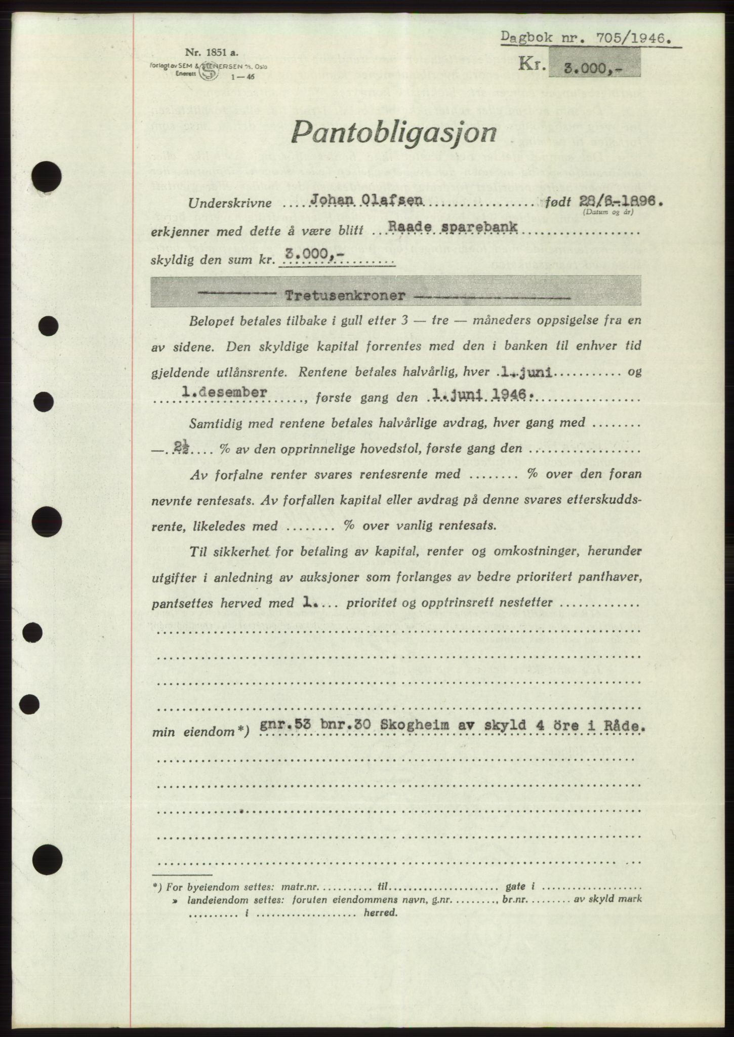 Moss sorenskriveri, SAO/A-10168: Pantebok nr. B15, 1946-1946, Dagboknr: 705/1946