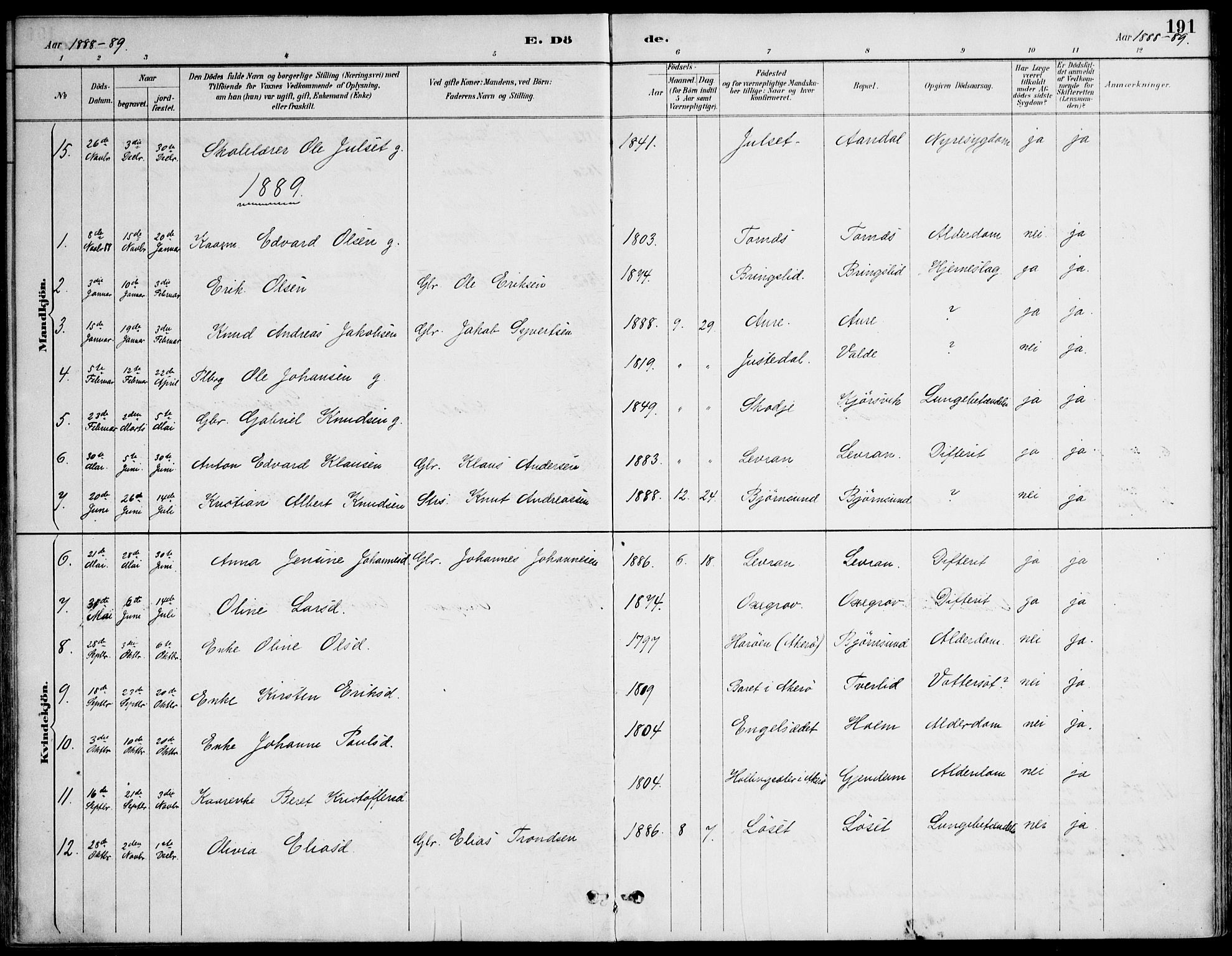 Ministerialprotokoller, klokkerbøker og fødselsregistre - Møre og Romsdal, AV/SAT-A-1454/565/L0750: Ministerialbok nr. 565A04, 1887-1905, s. 191