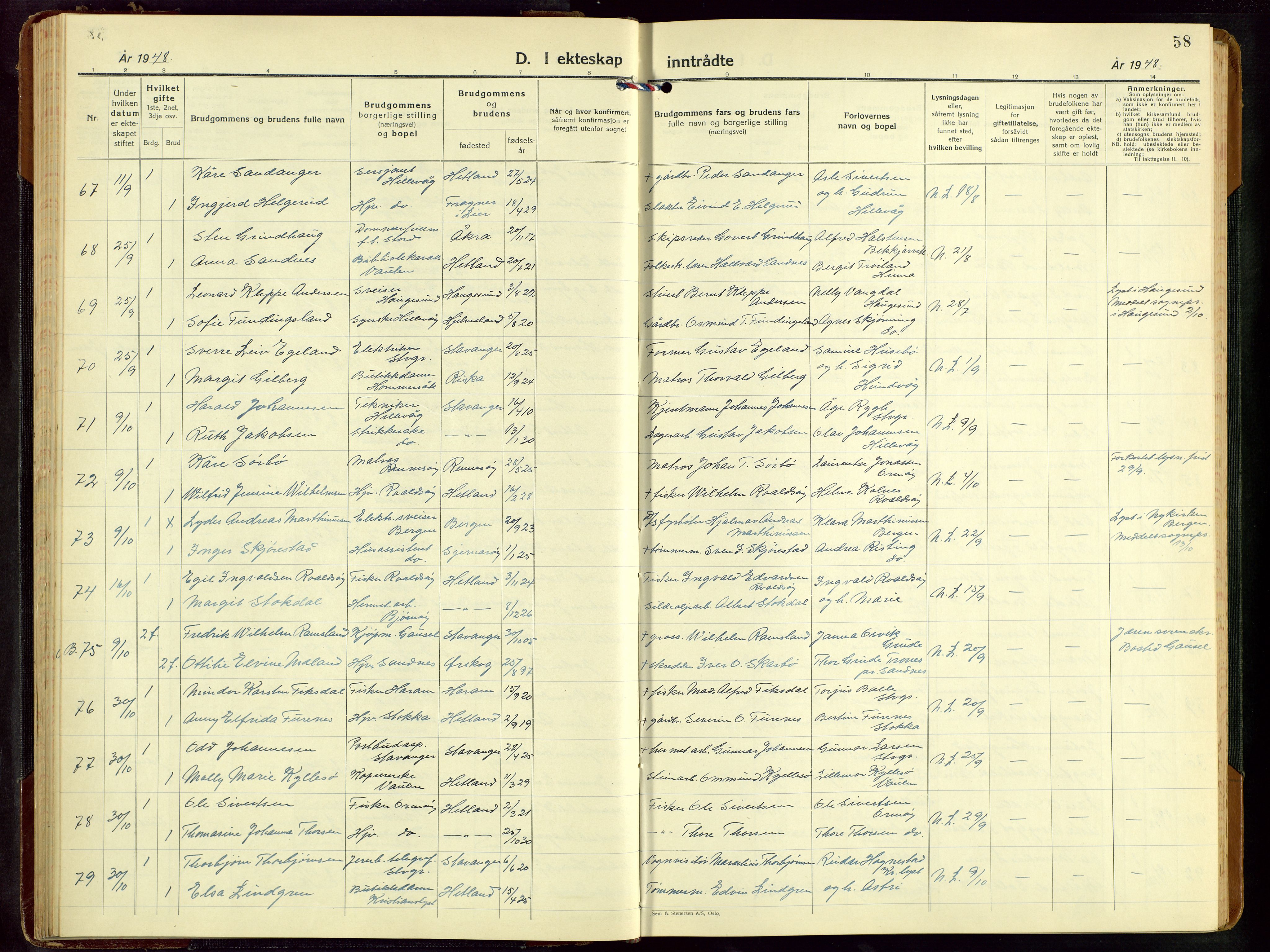 Hetland sokneprestkontor, AV/SAST-A-101826/30/30BB/L0016: Klokkerbok nr. B 16, 1942-1960, s. 58