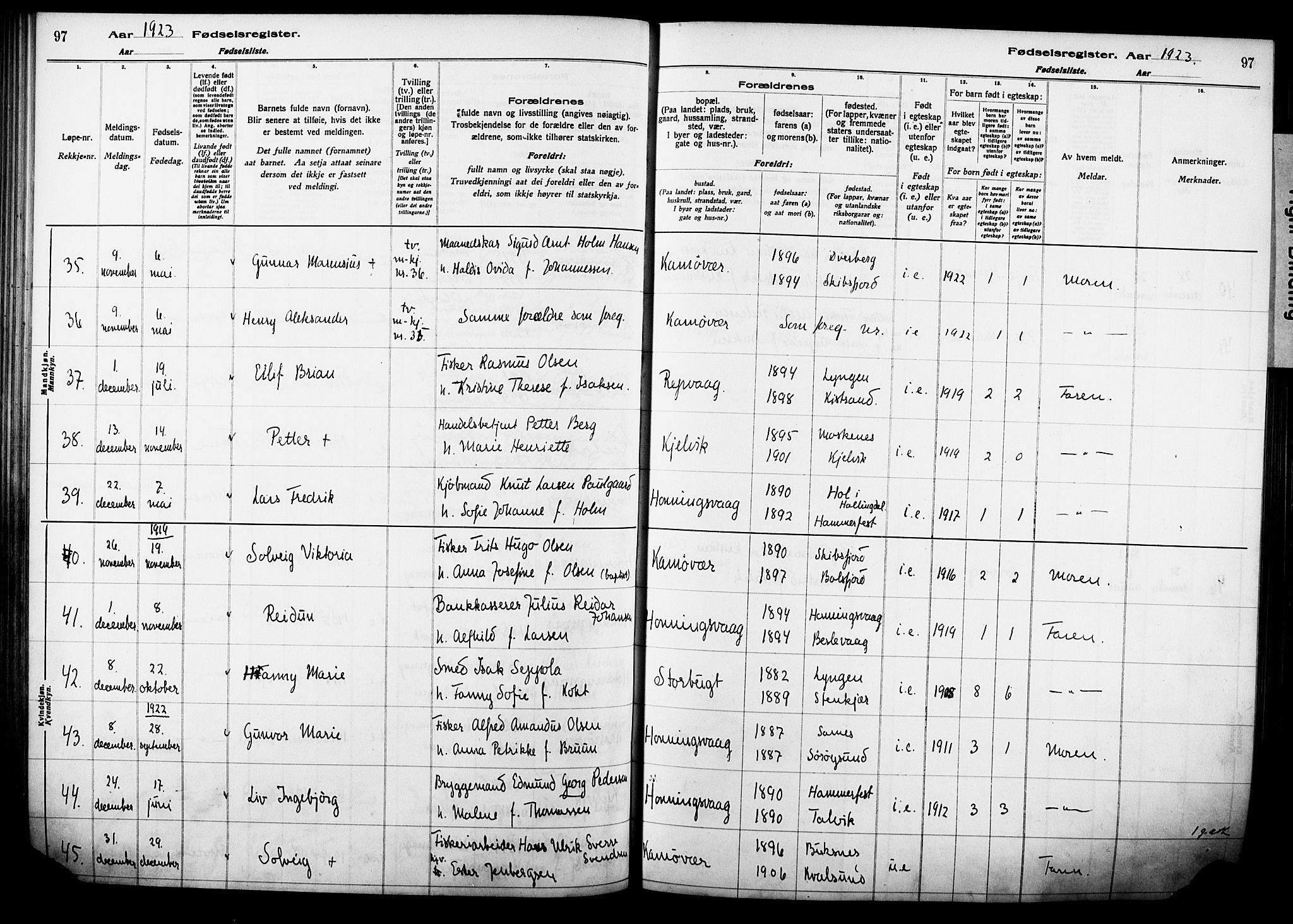 Kjelvik/Nordkapp sokneprestkontor, AV/SATØ-S-1350/I/Ia/L0015: Fødselsregister nr. 15, 1916-1930, s. 97