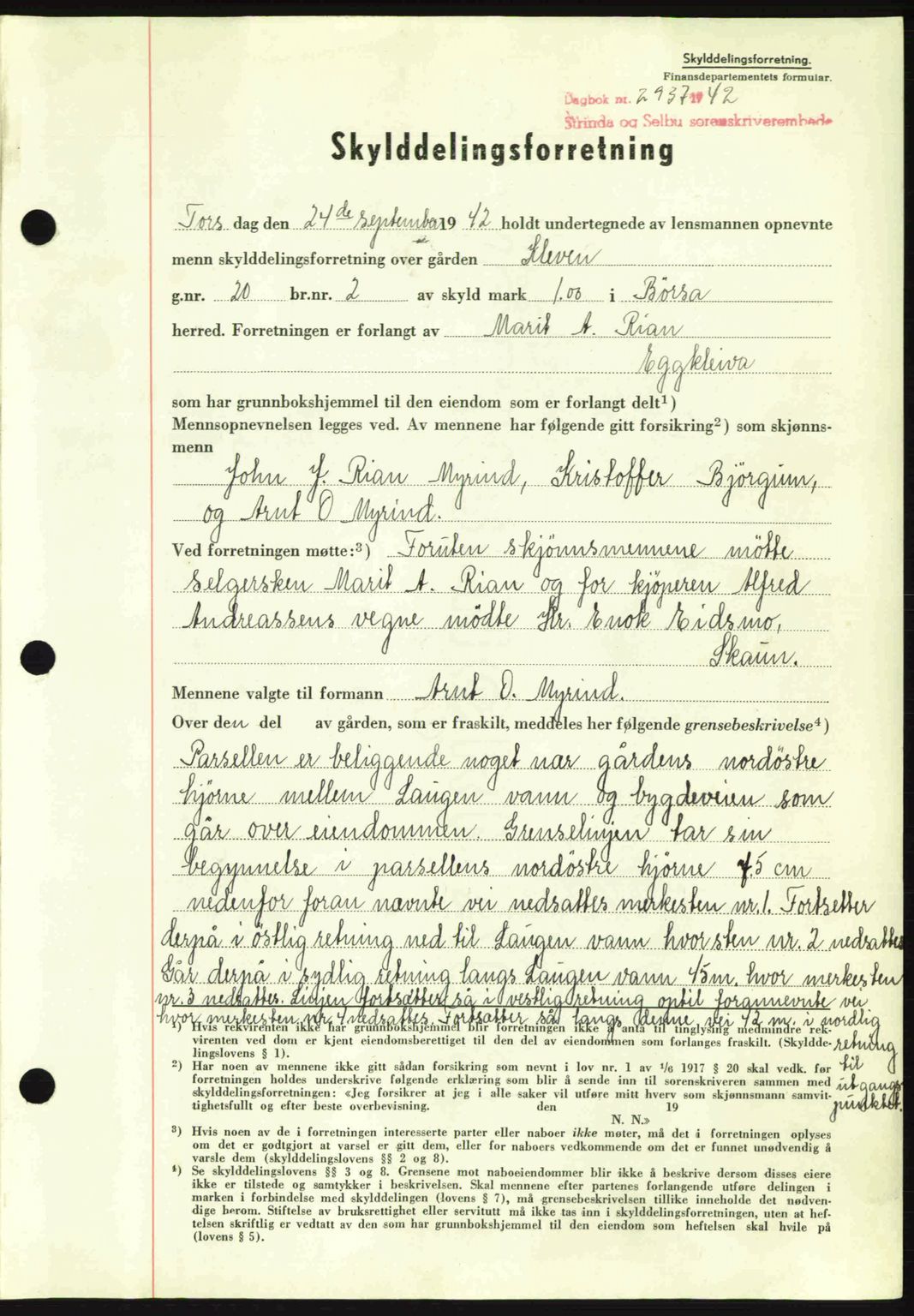 Strinda og Selbu sorenskriveri, AV/SAT-A-0015/2/2C: Pantebok nr. A7, 1942-1943, Dagboknr: 2937/1942