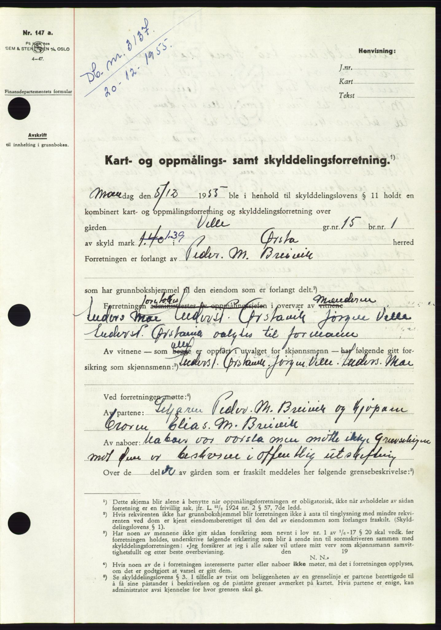Søre Sunnmøre sorenskriveri, AV/SAT-A-4122/1/2/2C/L0102: Pantebok nr. 28A, 1955-1956, Dagboknr: 3137/1955